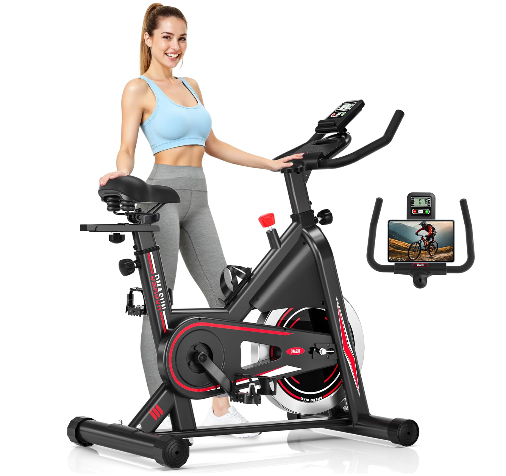 Exercise Bike, DMASUN Classic Brake Pad Pro Stationary Bike for Home with 330 LB Capacity, Workout Bike with Comfortable Seat Cushion, Digital Display with Tablet Holder