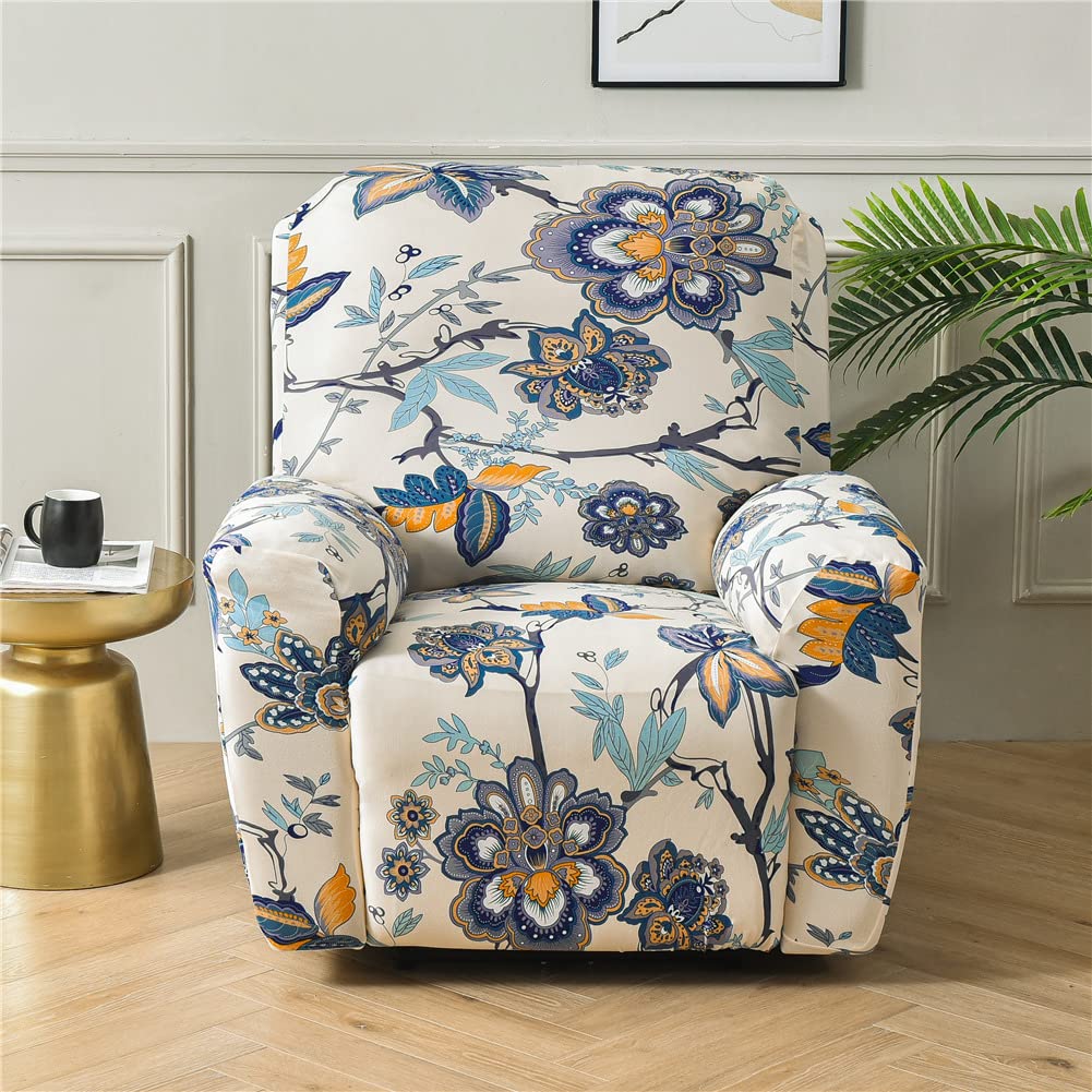 FANSU Copripoltrona Relax Reclinabile Universale 1/2/3 Posto Cina Fiori Stampa Copripoltrona Reclinabile Elasticizzato Coprisedile con Tasche, Fodere per Poltrona Relax (Beige,1 Posto
