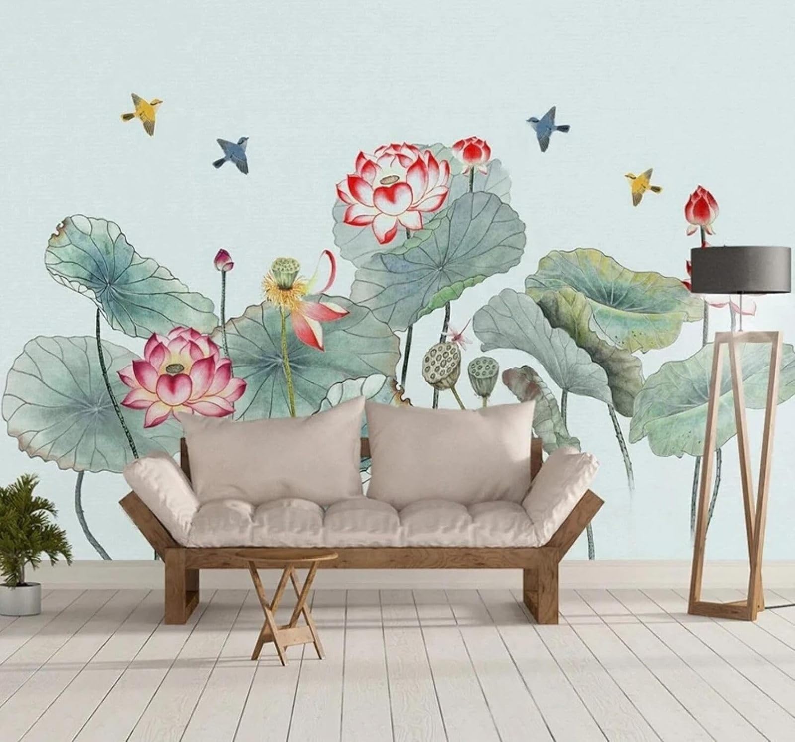 XLMING Fresh Ink Wash Lotus Flowers Lotus Leaves and Birds in Flight 3D Wallpaper Premium Textured Silk Study Dining Living Room Bedroom Sofa TV Wall Easy Install-250cm×170cm