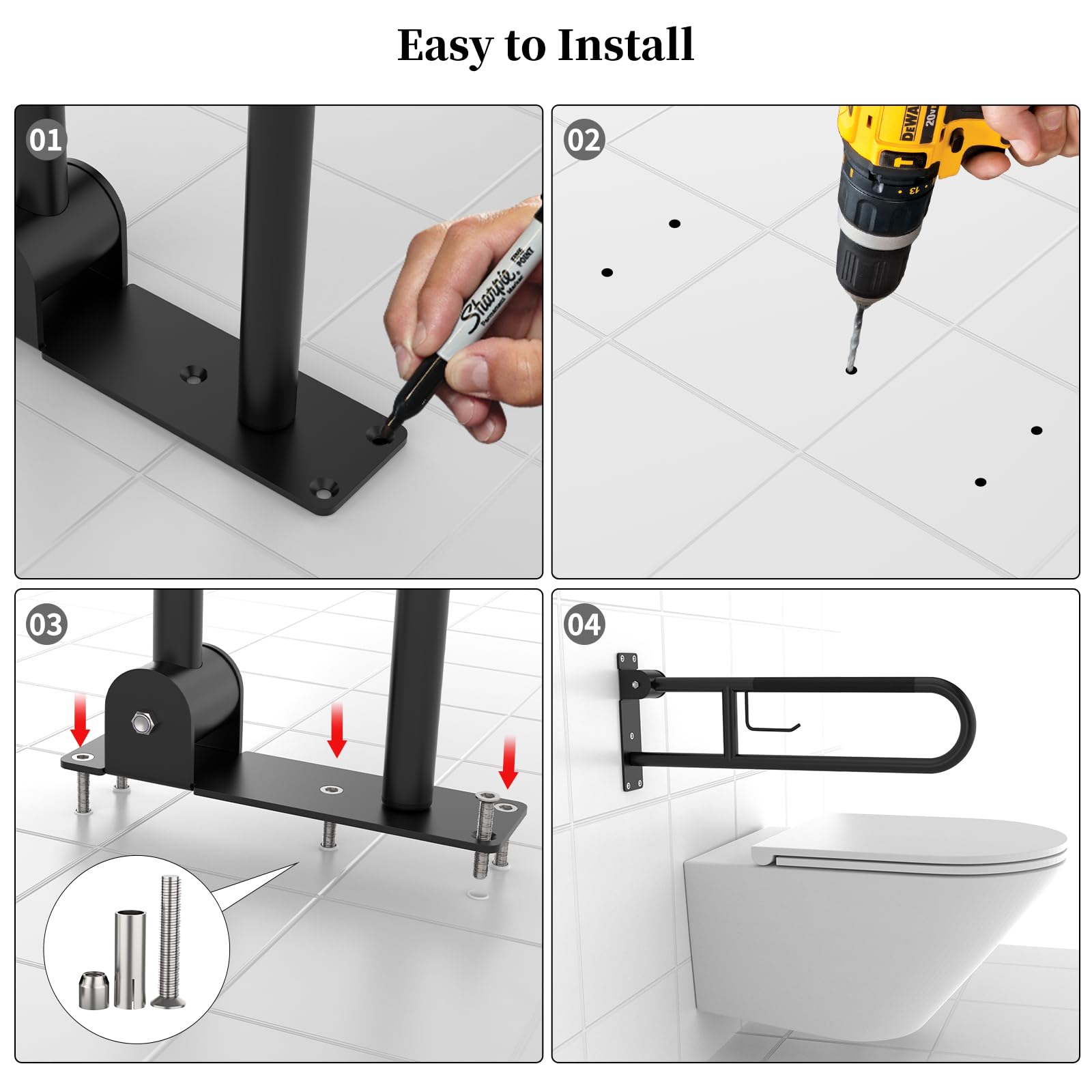 ZUEXT Maniglia per WC ribaltabile a forma di U, 80 cm, con porta carta | Corrimano di sicurezza antiscivolo pieghevole per bagno, in acciaio inox, per anziani, disabili, incinte