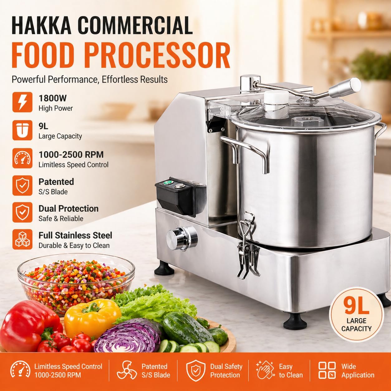 Hakka Commercial Food Processor, 1800W Electric Vegetable Cutter Heavy-Duty Veggie Chopper with Limitless Speed Control & Patented S/S Blade – 9L Capacity for Chopping Vegetable, Fruit, Bread & Meat