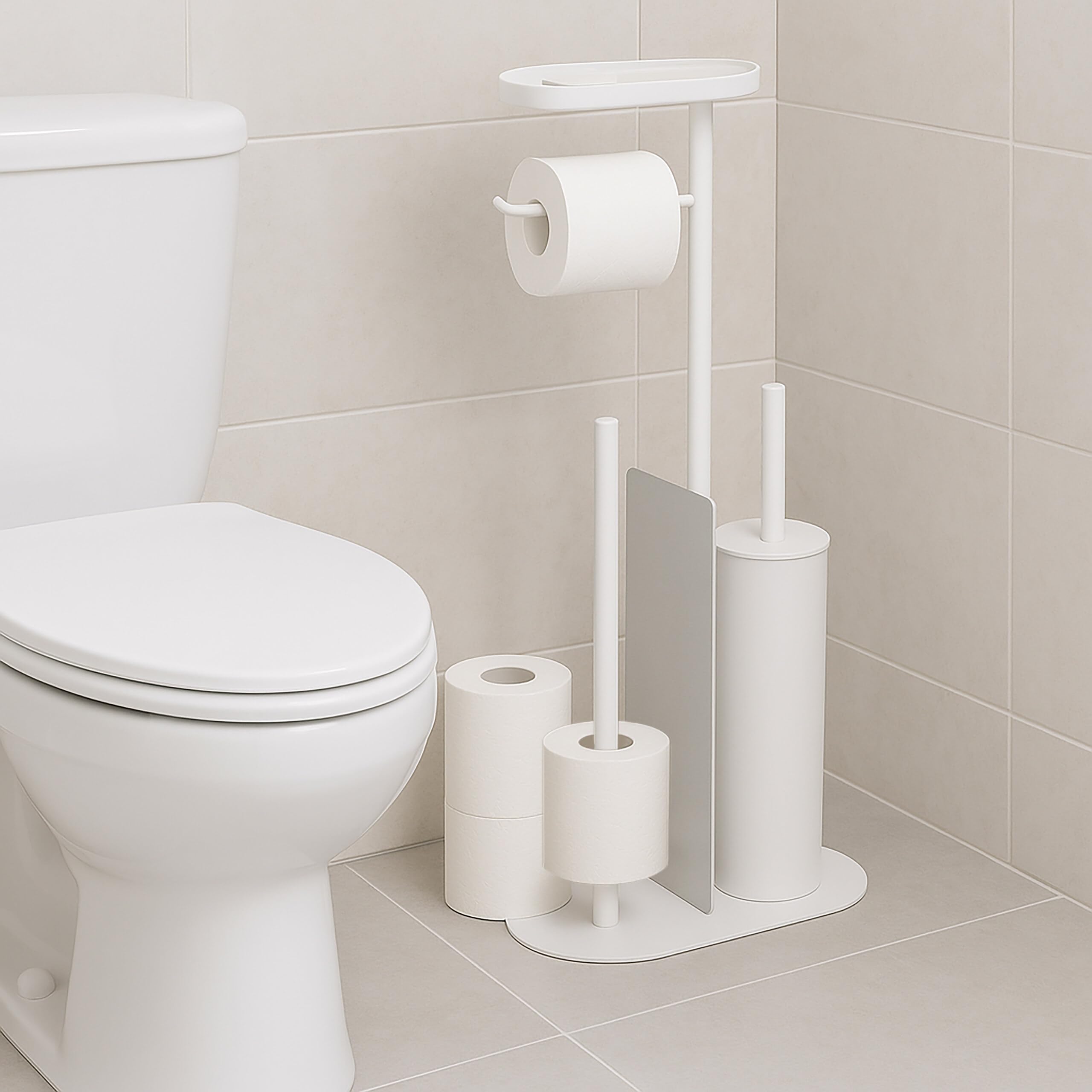 Juego de baño Relaxdays, HxBxT: 65 x 26 x 17 cm, Soporte de Papel higiénico, escobilla, portarrollos, Estante, Blanco