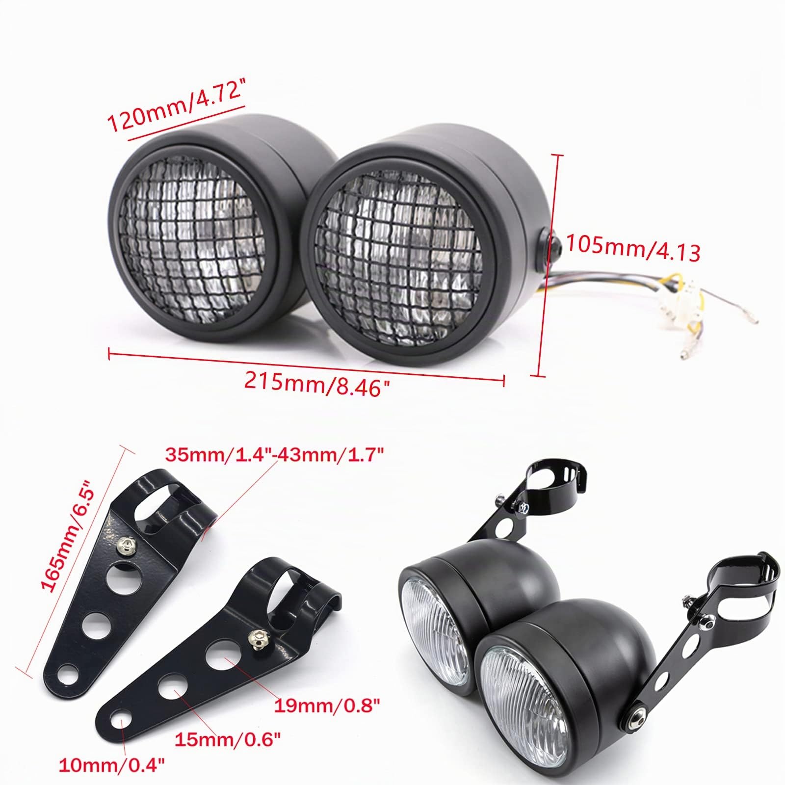 Phare double moto avec couvercle de calandre et support de montage, phare avant halogène à double lampe rétro pour Bobber Street Fighter Naked Cafe Racer Dominator (Style 1)