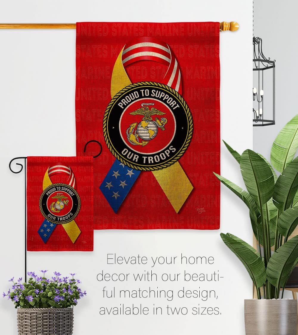 Support Marine Troops Burlap Garden Flag - Set with Stand Armed Forces Corps USMC Semper Fi United State American Military Veteran Retire Official - House Yard Gift Double-Sided 13 X 18.5