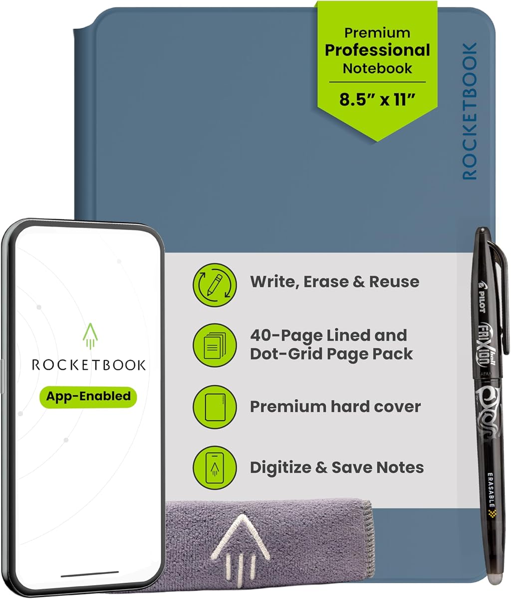 Rocketbook Pro Smart Reusable Notebook, Letter 8.5x11, Blue | Lined and Dotted Interchangeable Pages, For Work and Business Meetings