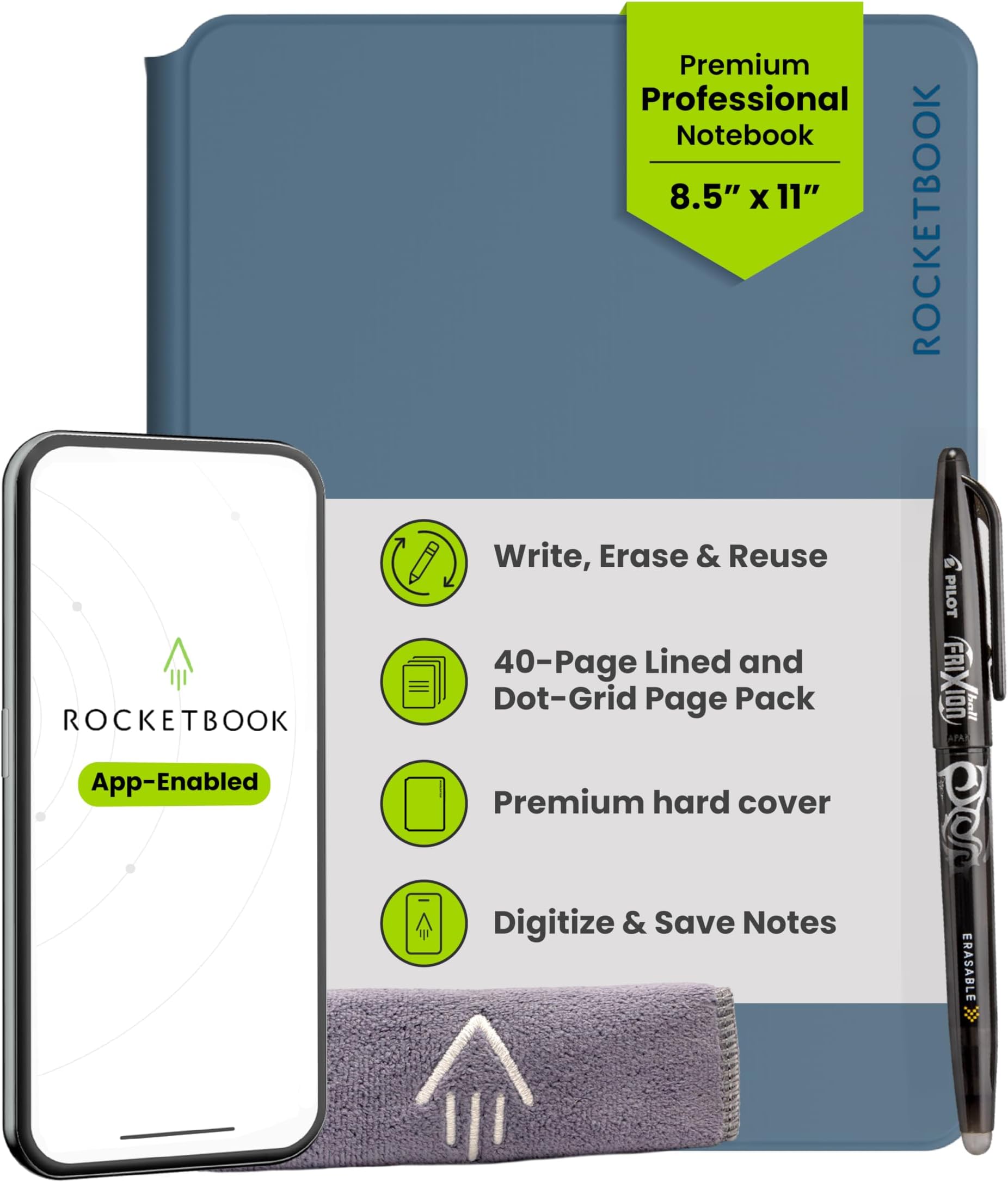 Rocketbook Pro Smart Reusable Notebook, Lined & Dotted Interchangeable Pages, For Work and Business Meetings, Letter Size 8.5x11, Blue