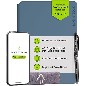 Rocketbook PRO 2.0 Reusable Digital Notebook A4 Steel Blue Electronic Notepad with 20 Sheets Lined and Dot Grid Hardcover Vegan Leather with Pilot Frixion Pen