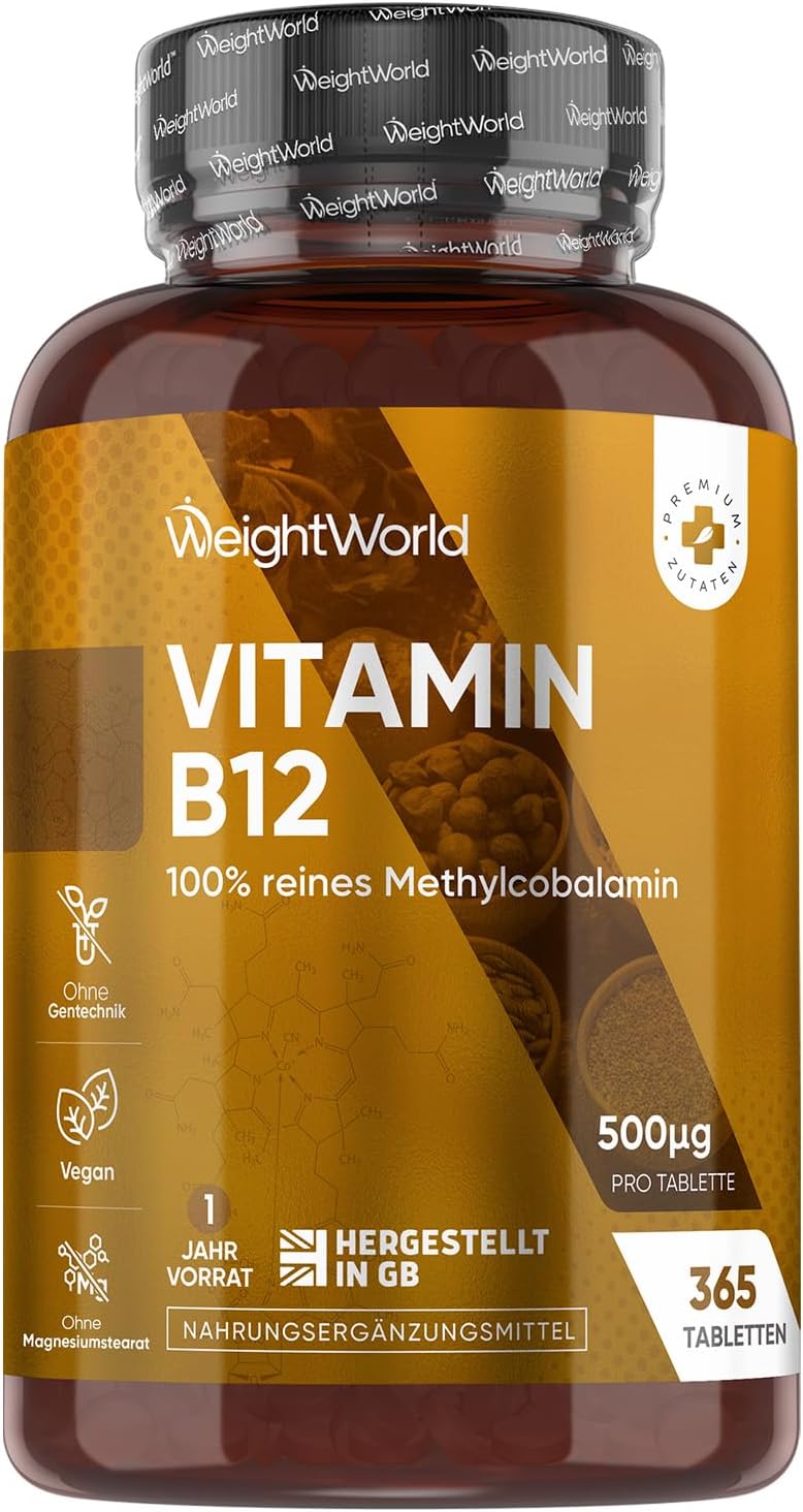 Vitamin B12-500mcg per tablet – 365 vegan tablets – 1 year supply – pure methylcobalamin – vitamin B 12 contributes to the normal function of the nervous system (EFSA) – gluten free – WeightWorld