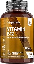 Vitamin B12-500mcg per tablet - 365 vegan tablets - 1 year supply - pure methylcobalamin - vitamin B 12 contributes to the normal function of the nervous system (EFSA) - gluten free - WeightWorld