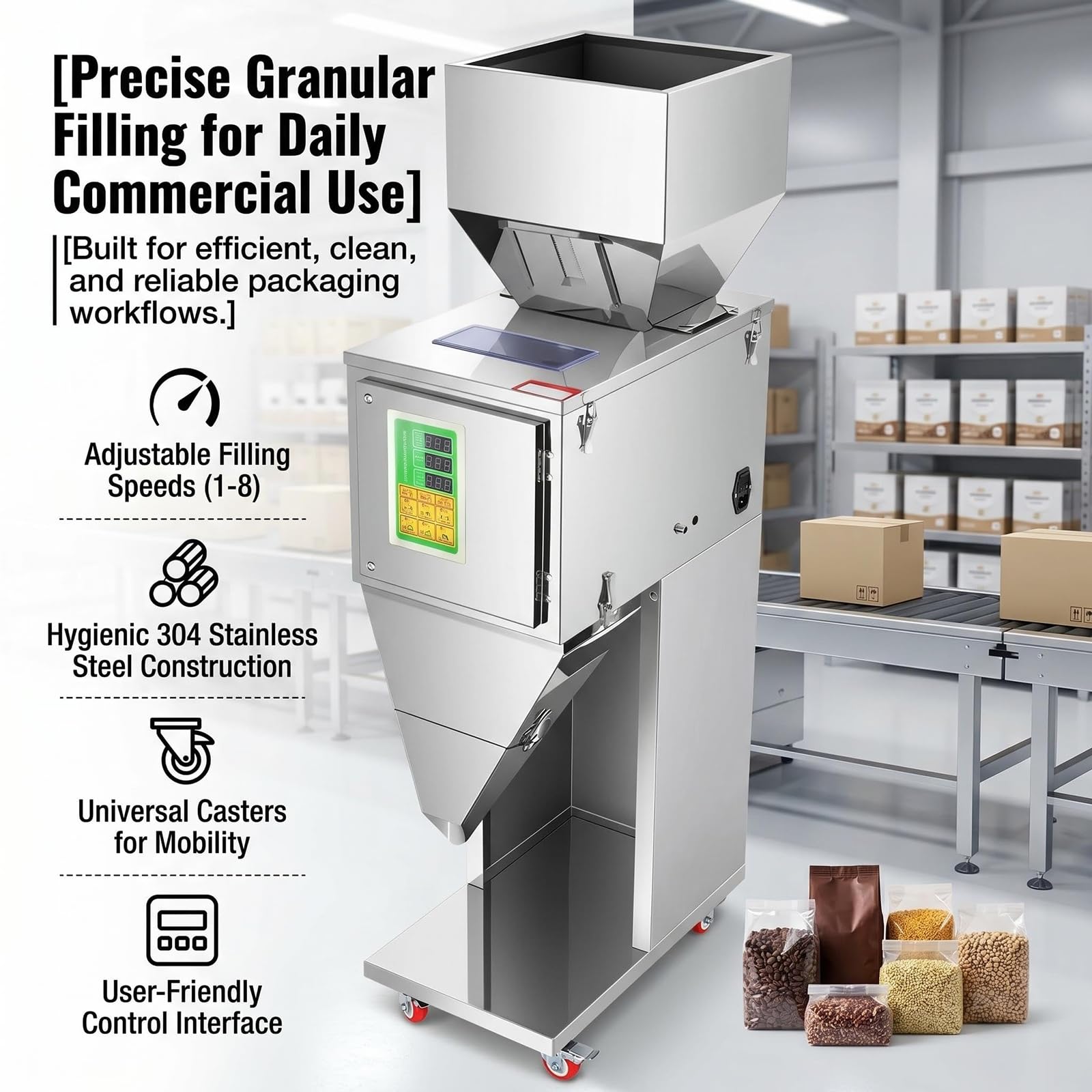 Macchina riempitrice e pesatrice automatica, in acciaio inox, per confezionamento di particelle, ideale per piccoli negozi al dettaglio. Riso, arachidi e granulati misti.