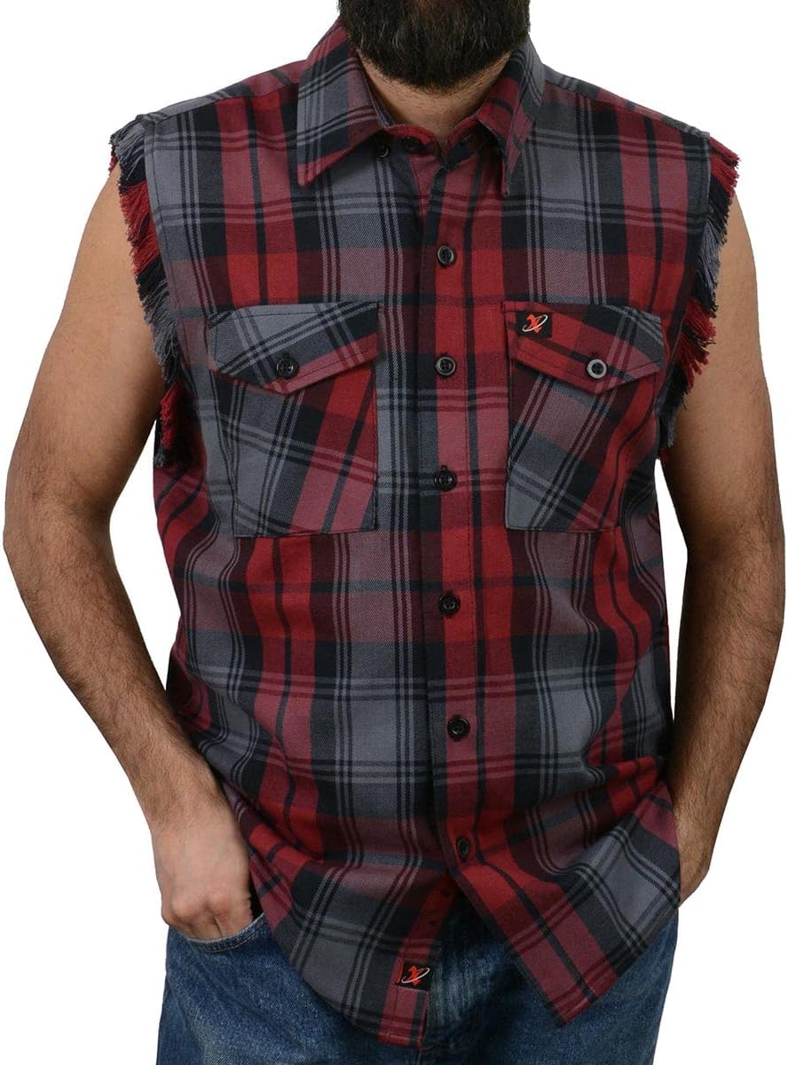 Milwaukee Leather MNG11696 Men’s Classic Black and Grey with Red Button-Down Flannel Cut Off Frayed Sleeveless Casual Shirt - Image 2