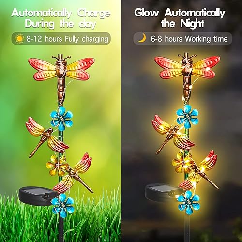 Miniatura 7 de Luces solares de jardín, paquete de 2 luces solares de libélula al aire libre, decoración de jardín, impermeable, libélula luces solares de estaca