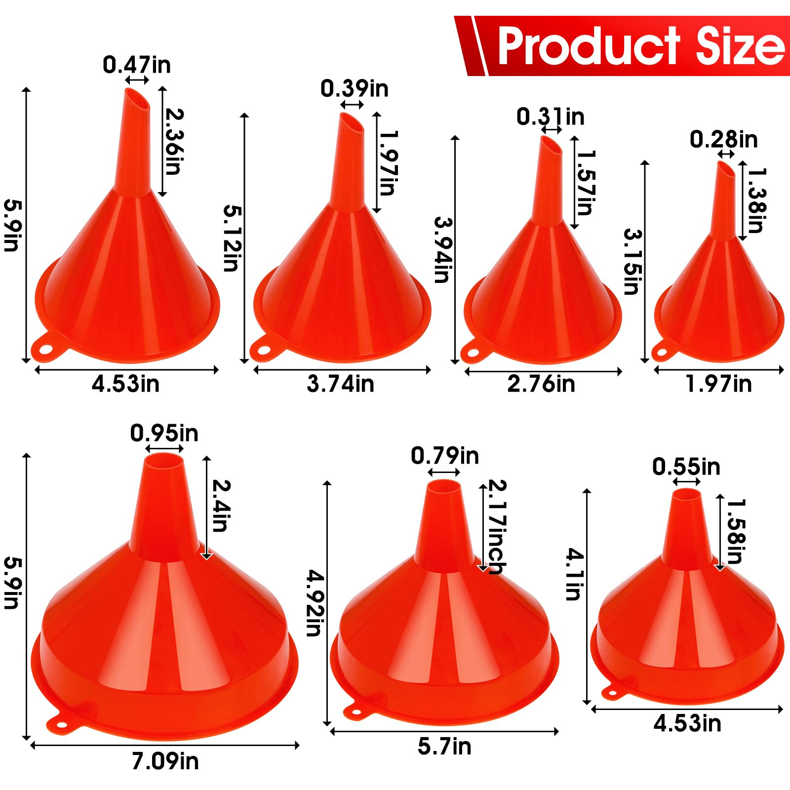 DEDC Lot de 7 entonnoirs à huile en plastique pour une utilisation automobile, cuisine, petits entonnoirs durables rouges