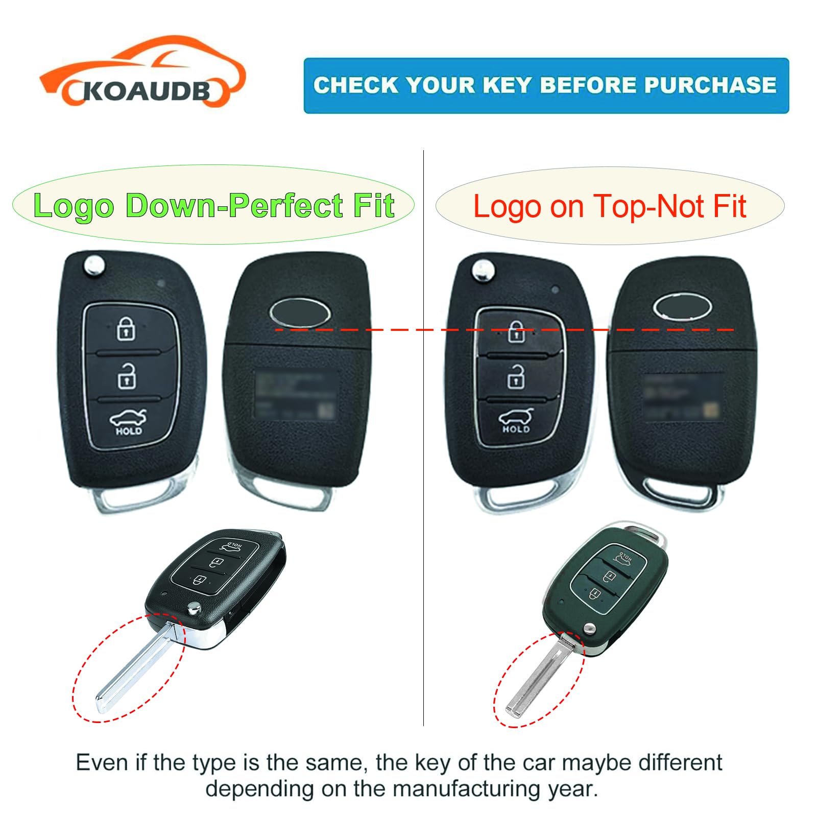 Car Key Cover Cases Keychain Compatible with Hyundai i20 i30 i40 ix20 ix30 ix45 ix55 Tucson Santa Fe Elantra Accent 3 Button Flip Folding Key Fob Case TPU (Hynd-3F) — view 2