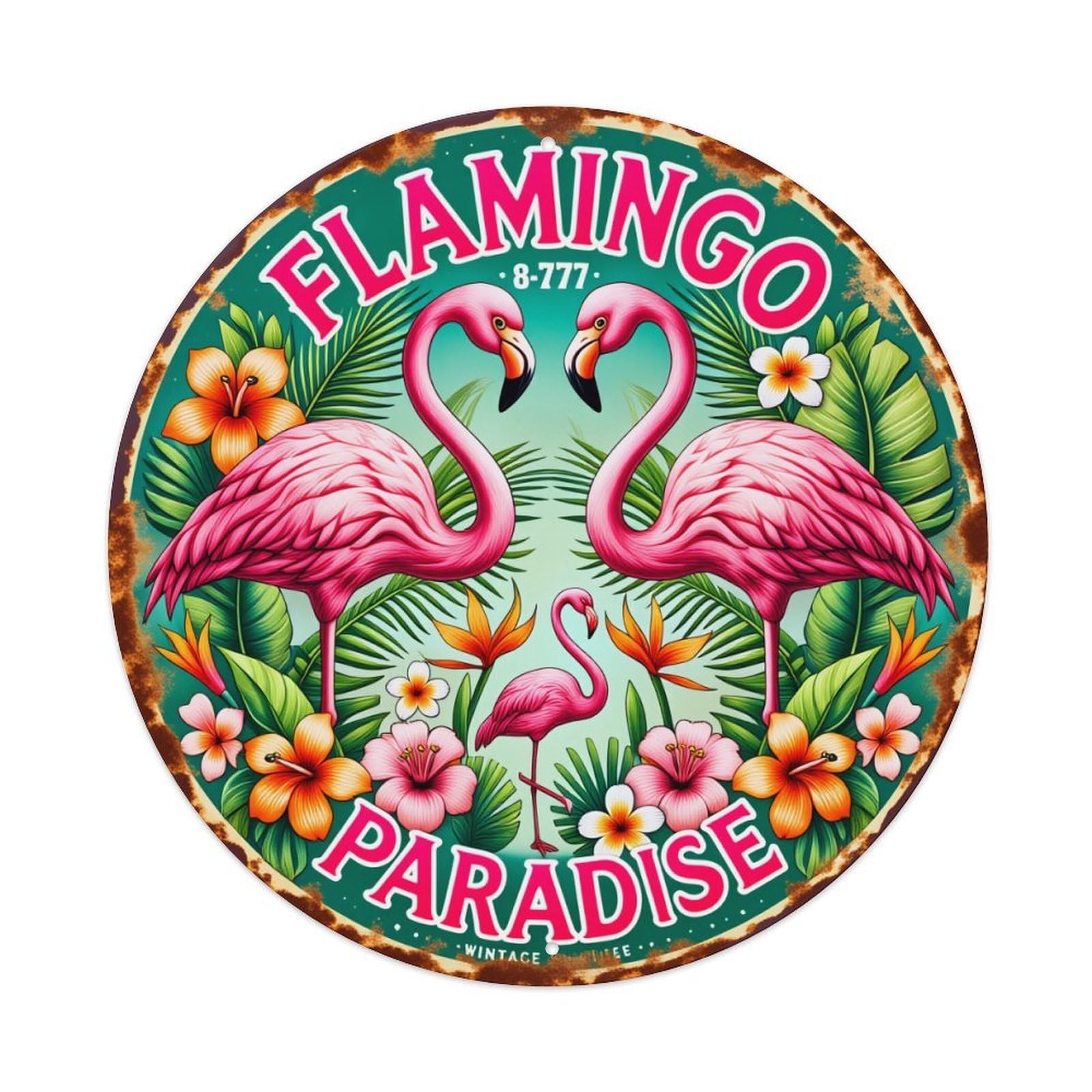 Flamingo Paradise Tropical Flowers Leaves Round Tin Sign Vintage Metal Poster, Home Bar Garage Man Cave Cafe Indoor & Outdoor Wall Decoration 8x8Inches