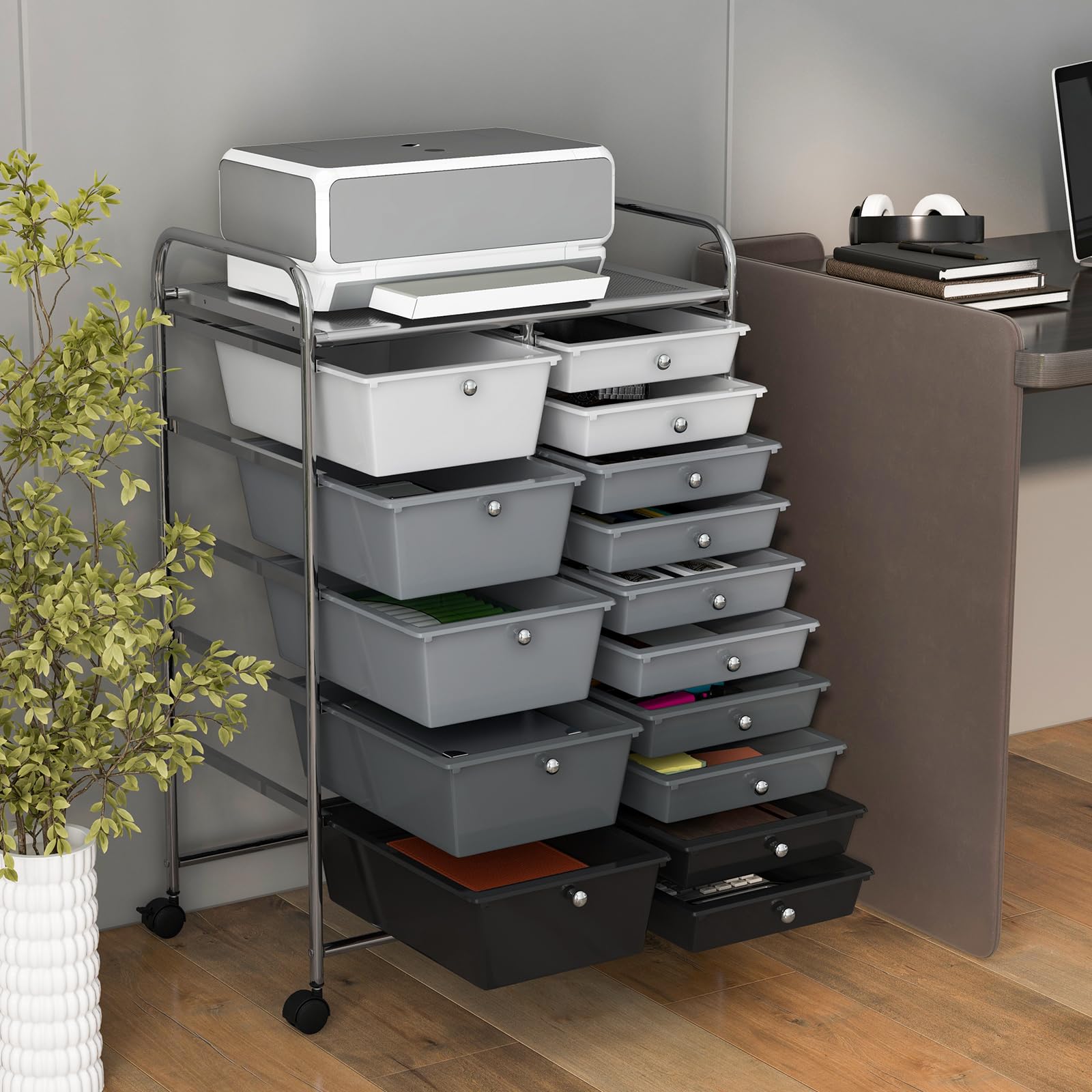 RELAX4LIFE Carro de almacenamiento con 15 cajones, cajonera alta con 4 ruedas universales, armario móvil y ahorra espacio de gran capacidad, multiusos para cocina, baño y oficina (negro y gris 2)