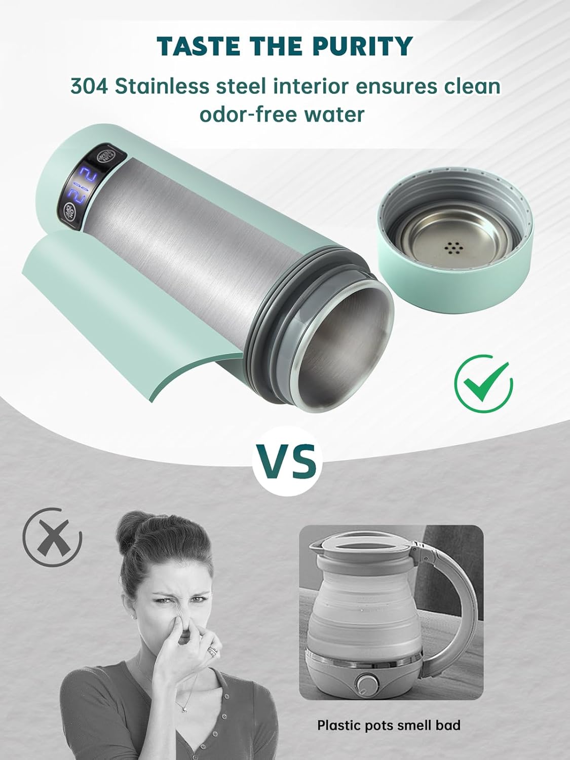 balbali Dual Voltage Travel Kettle 100-250V - 12oz Portable Water Boiler/Warmer/Heater for Boiling Water - 4 Preset Temperature Control Portable Tea Kettle Electric Travel - Green - Image 4