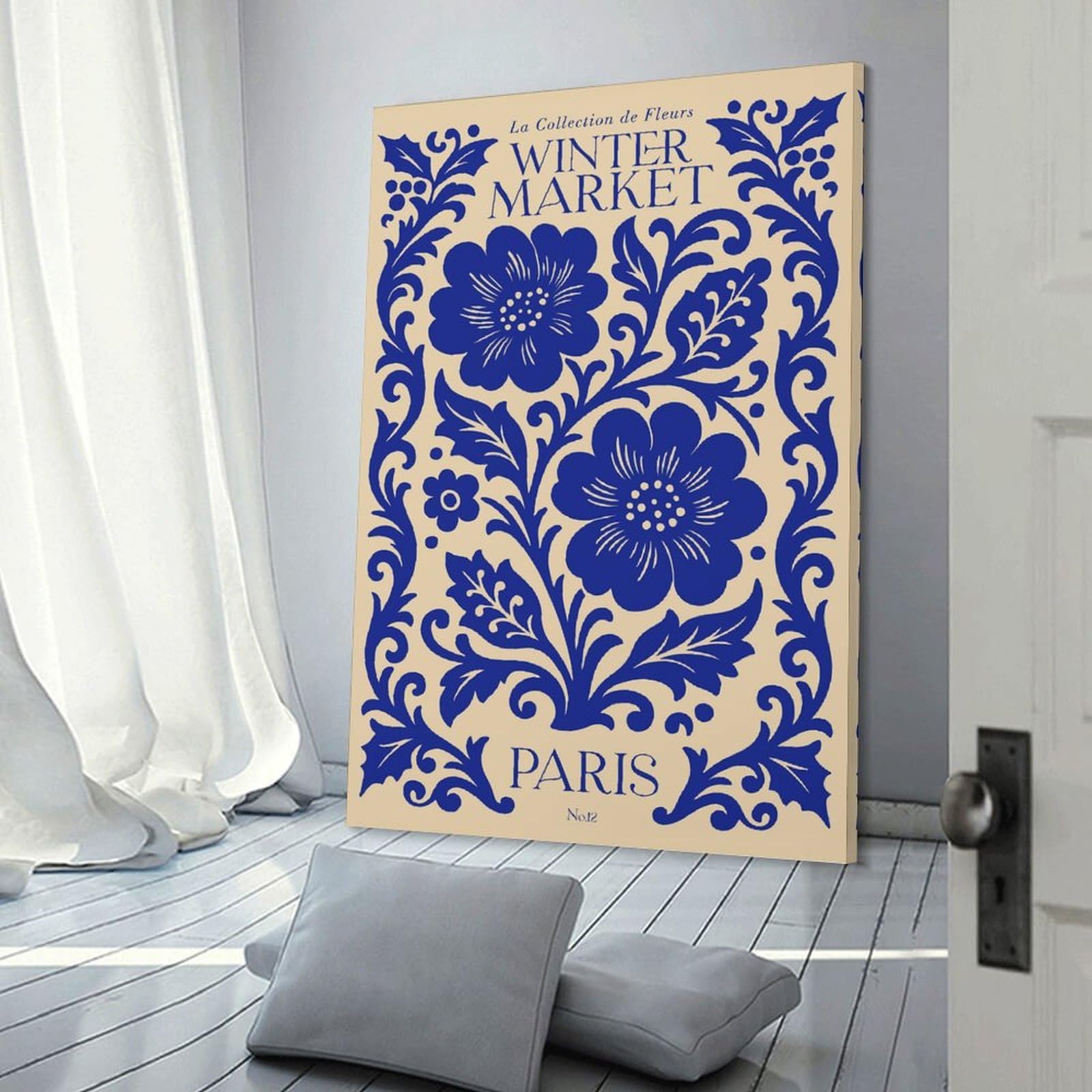 Junmoney Hanging Wall Art Blue Floral Winter Market Paris, 20x30inch(50x75cm), for Contemporary Homes, Apartments Or Offices, Stylish Wall Art for Fresh Spaces