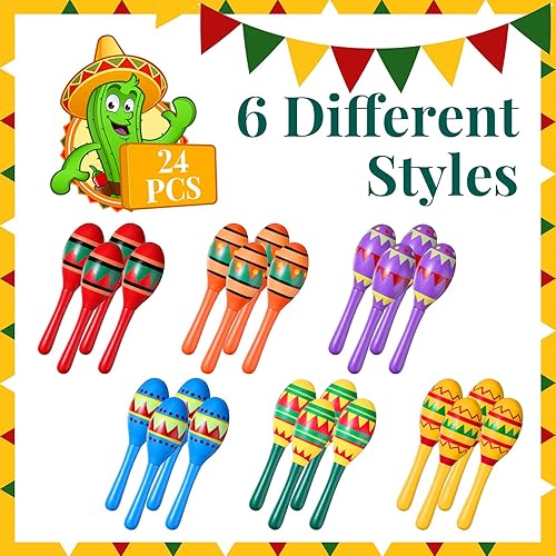 Miniatura 3 de Civaner 24 piezas de mini maracas de fiesta para adultos, decoración de fiesta mexicana del Cinco de Mayo, 6 diseños, recuerdos de fiesta