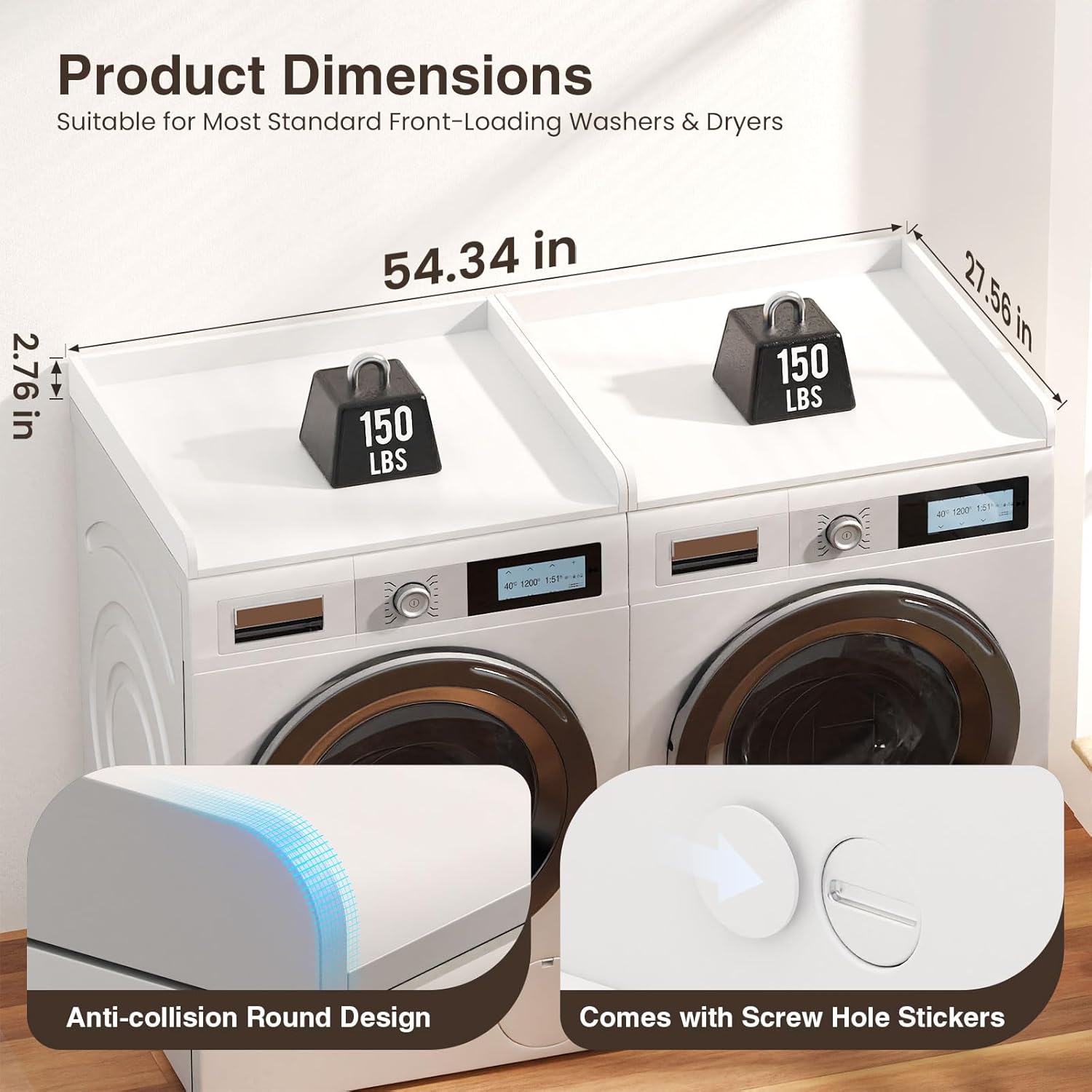 Washer Dryer Countertop Set of 2, 54.34" L x 27.56" W x 2.76" H Laundry Topper for Washer and Dryer, Wood Laundry Countertop with Anti-Slip Pads & Edge Rails for Laundry Room Organization (White)