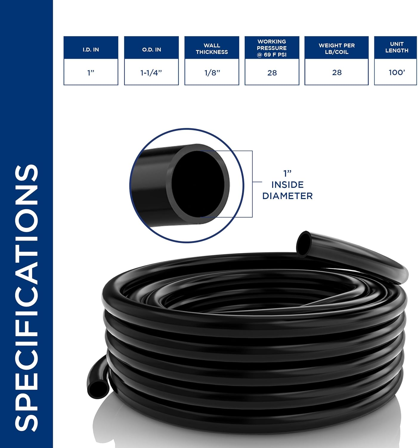 Alpine Corporation 1 Inch Inside Diameter and 100 Feet Long PVC Tubing for Ponds, Fountains and Waterfalls Circulations, Black