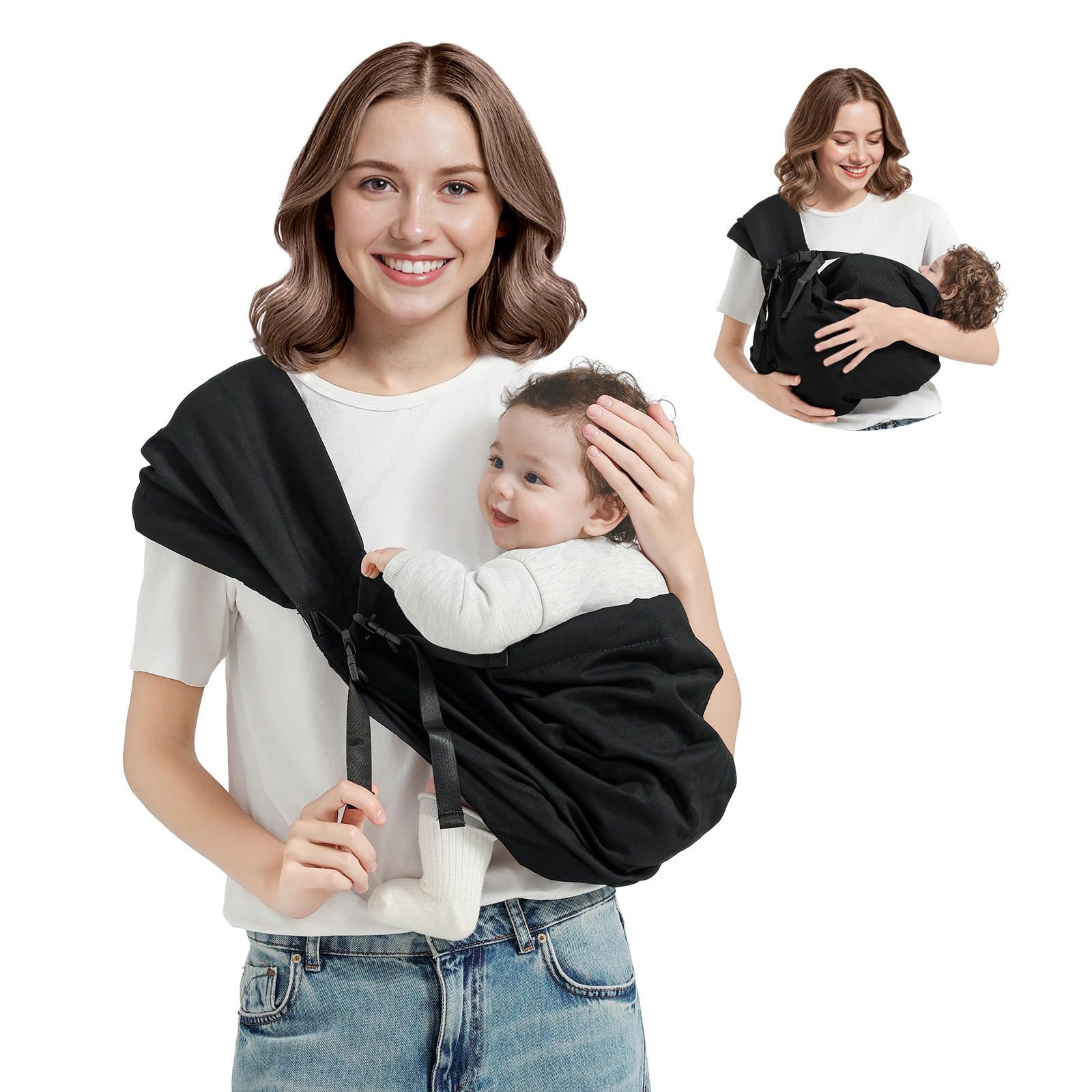 Baby Sling Carrier, Toddler Sling Carrier with Wide Shoulder Strap, Lightweight Baby Carriers Newborn to Toddler Infant Wrap Carriers Perfect for Mom and Dad, 7-30lbs, Black