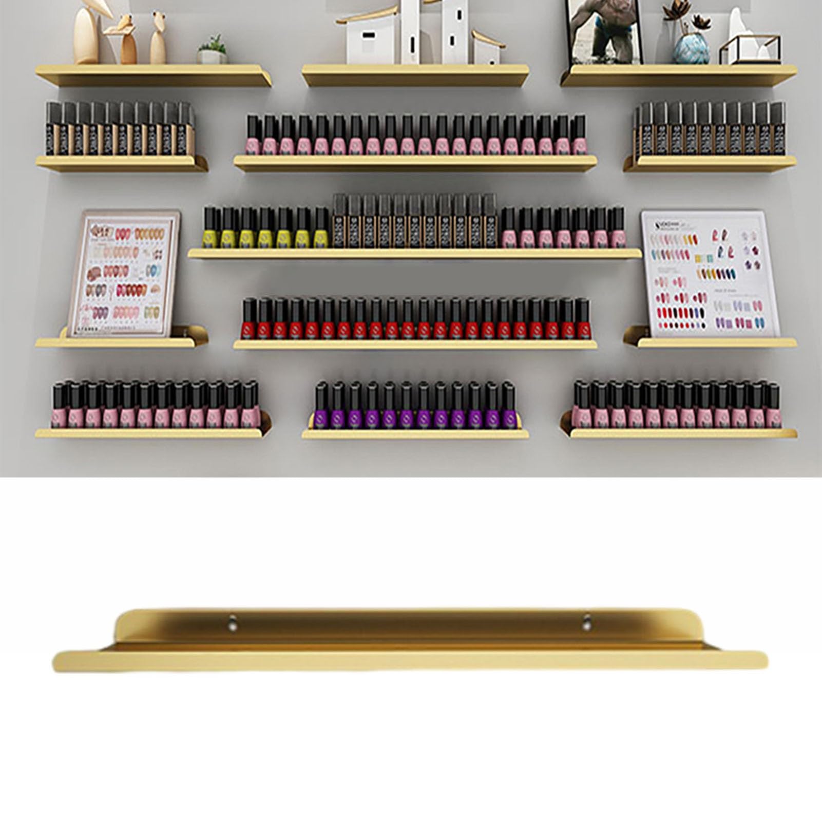 Nagellack-Regal für die Wand, Nagellack-Display-Organizer aus Metall, Wandregalhalter, Lippenstift- und Parfüm-Aufbewahrungs-Organizer für Nageltechniker (Gold, 100 cm)
