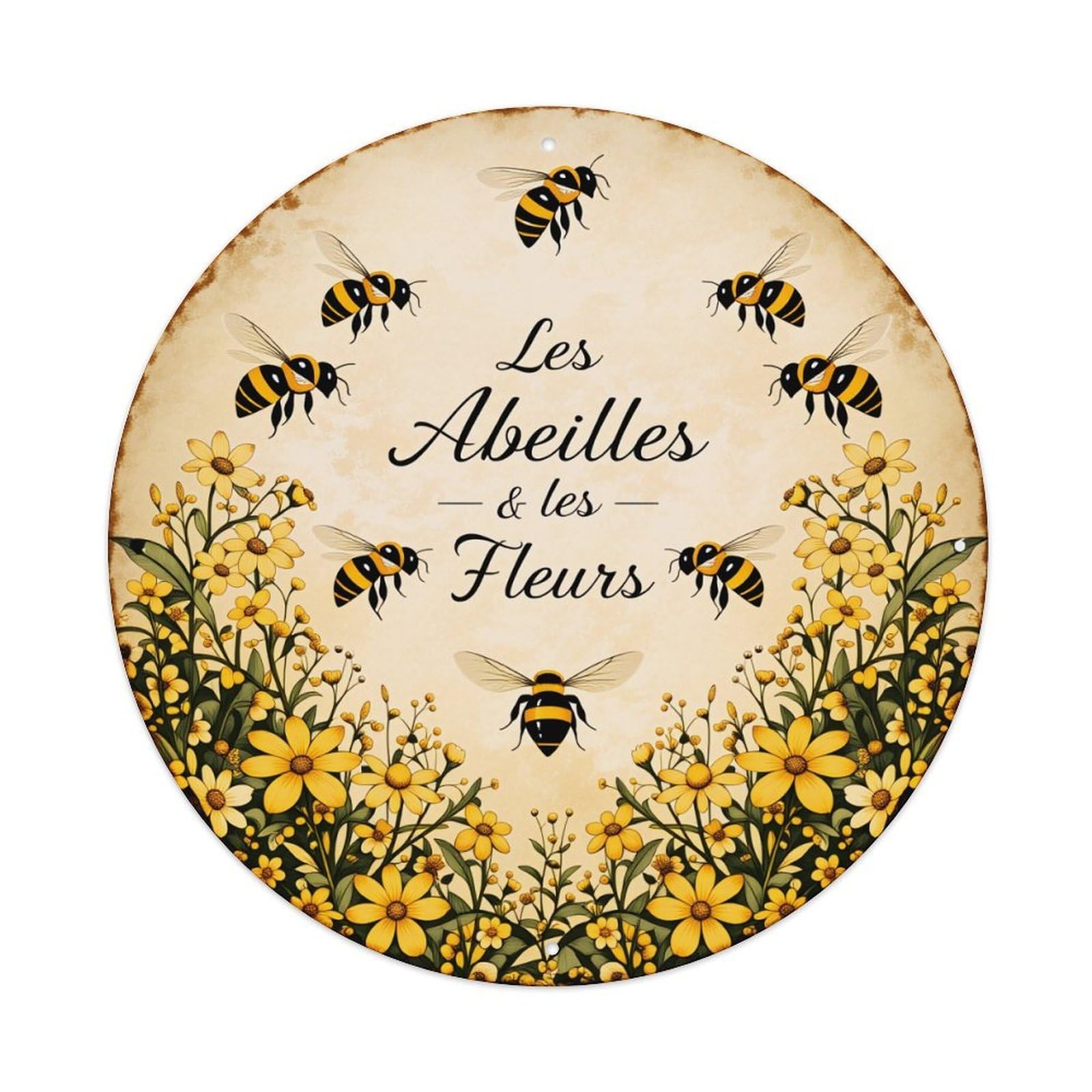 Bees And Flowers Pattern Print Round Tin Sign Vintage Style Metal Sign Home Bar Garden Wall Plaque Decor Metal Poster 8x8 Inch