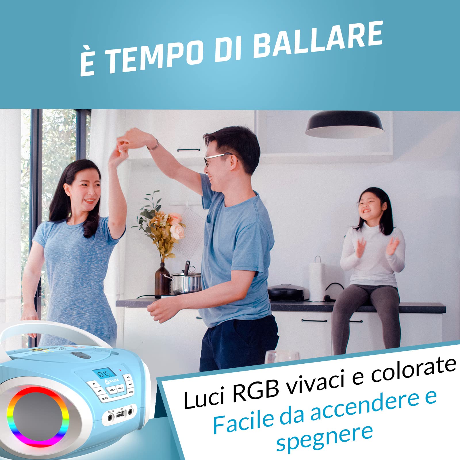 KLIM Candy Stereo per bambino NUOVO + Radio FM + Batterie incluse + Lettore CD Blu con altoparlanti e Radio + Regalo Perfetto