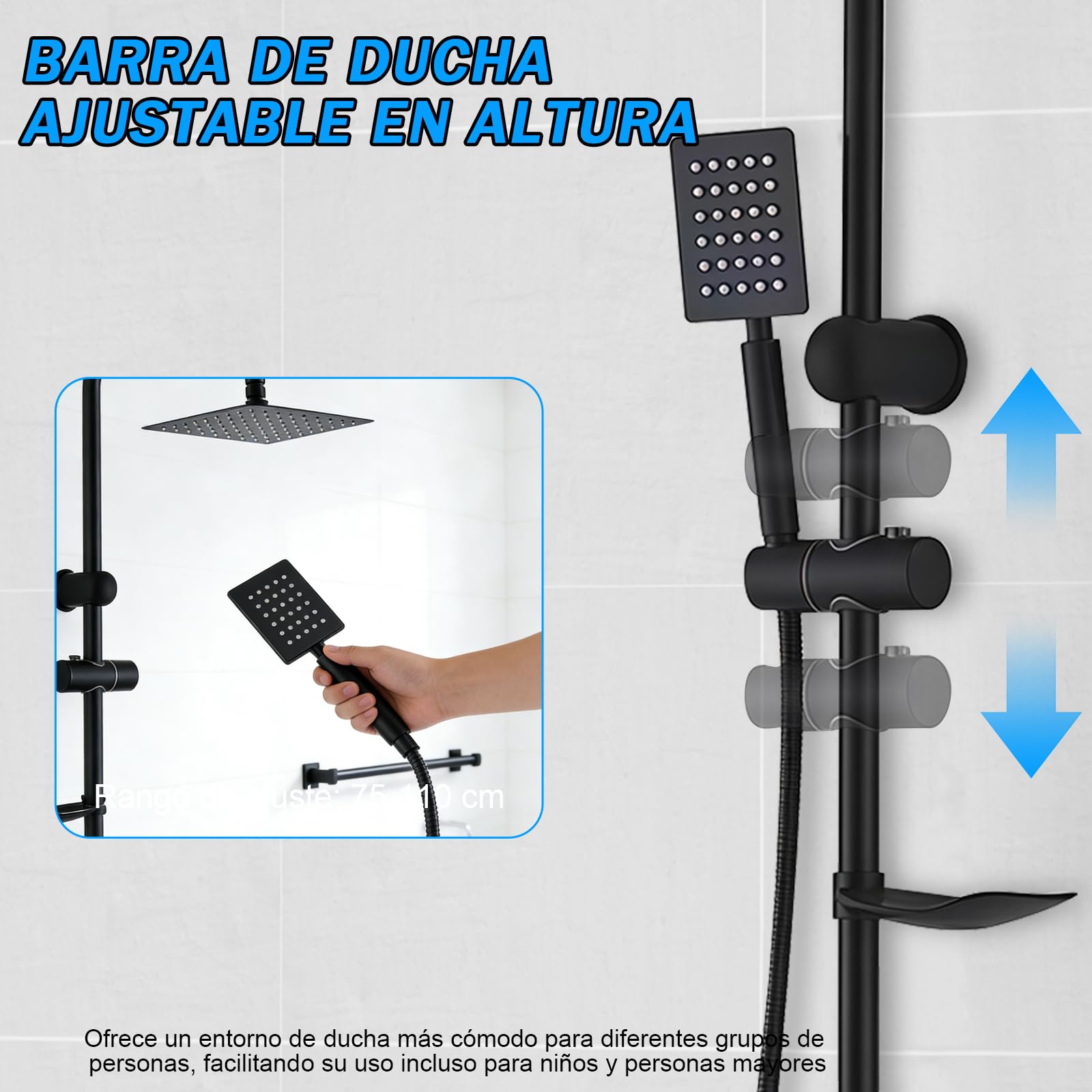 Columna Ducha Senza Miscelatore, Kit Completo Ducha con Rociador Ducha 20×20 cm Cuadrado y Ducha de Mano y Manguera, Acero Inox, Regulable 92cm, Duchas de Baño Columna
