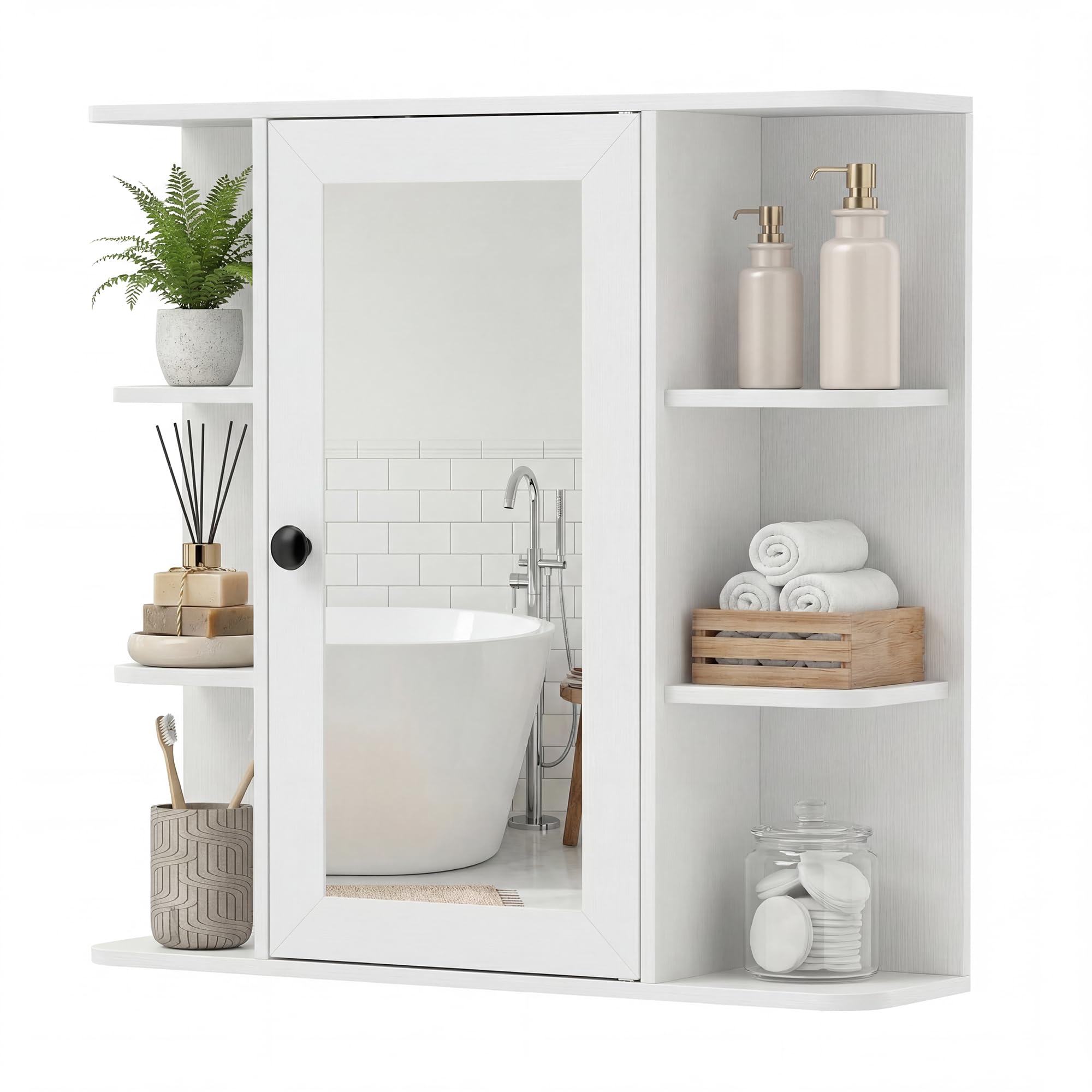 CASART Bathroom Mirror Cabinet, Wall Mounted Storage Cupboard with Single Door and Open Shelves, Wooden Medicine Cabinet Display Organizer Unit for Kitchen Living Room (White, 66 x 16.5 x 63cm)
