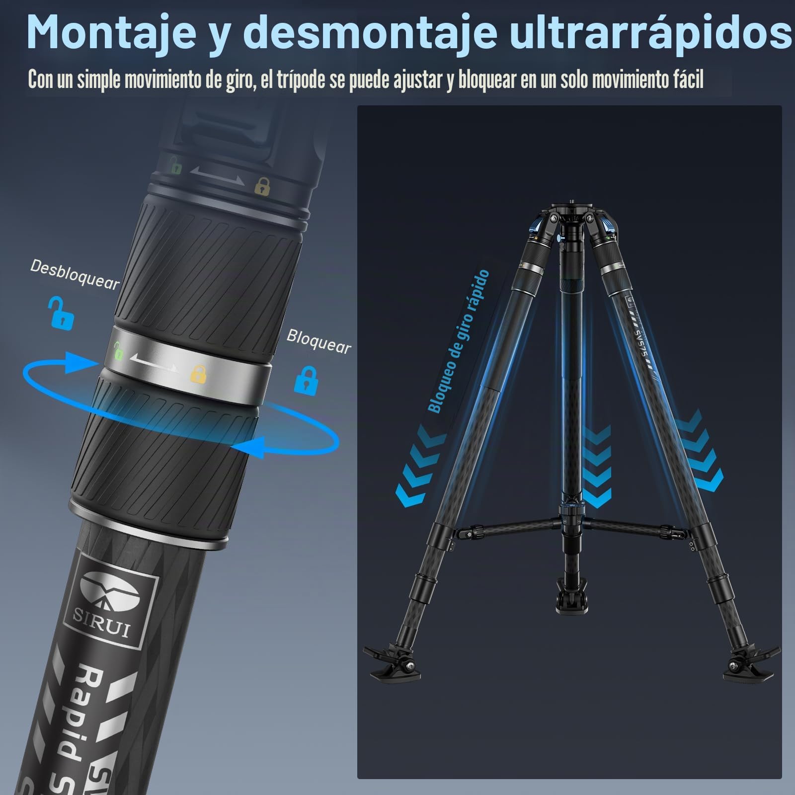 SIRUI SVS75 Trípode de Vídeo Profesional de Fibra de Carbono, 155cm Con Ajuste de Altura en Un Solo Paso, Carga Hasta 25kg, Para Cámara de Vídeo