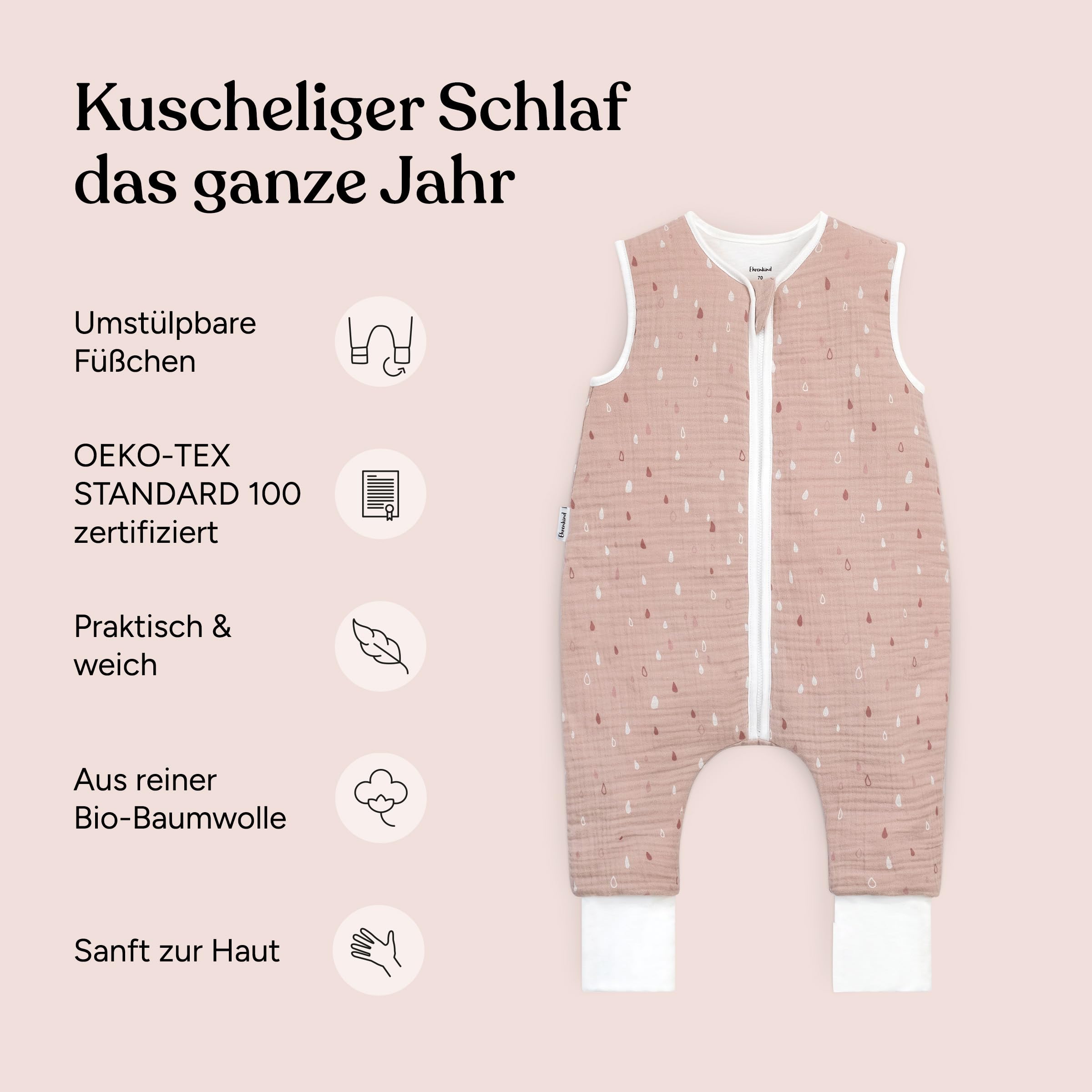 Ehrenkind® Schlafsack mit Füßen | Musselin 2.5 TOG | Babyschlafsack mit 100% Bio-Baumwolle OEKO-TEX