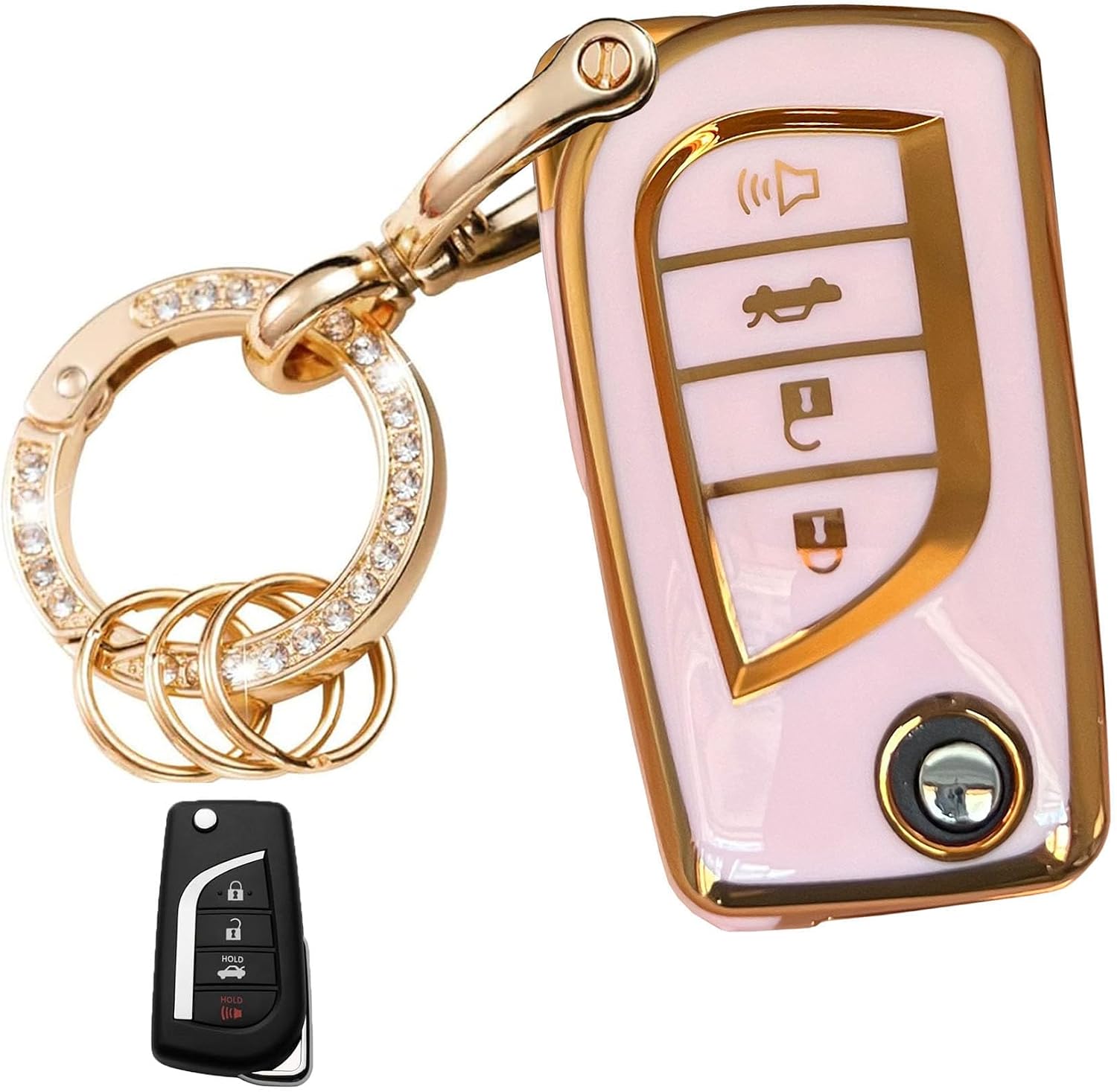 Key Fob Cover for Toyota Fortuner Tundra Camry RAV4 Challenger Replacement for Keyless Entry Remote Key Shell with Keychain (4-Button-Gold-Pink)