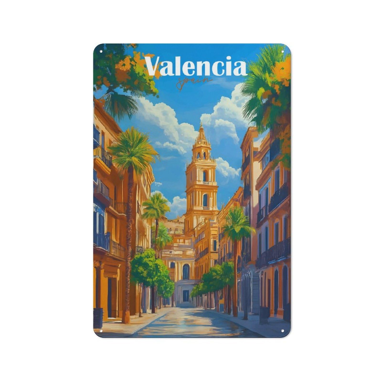 Junmoney Style-9 Valencia Spain View Painting Creative Metal Wall Decor 30X20cm, Decorative Metal Sign For Office, Study, Studio Or Hallway
