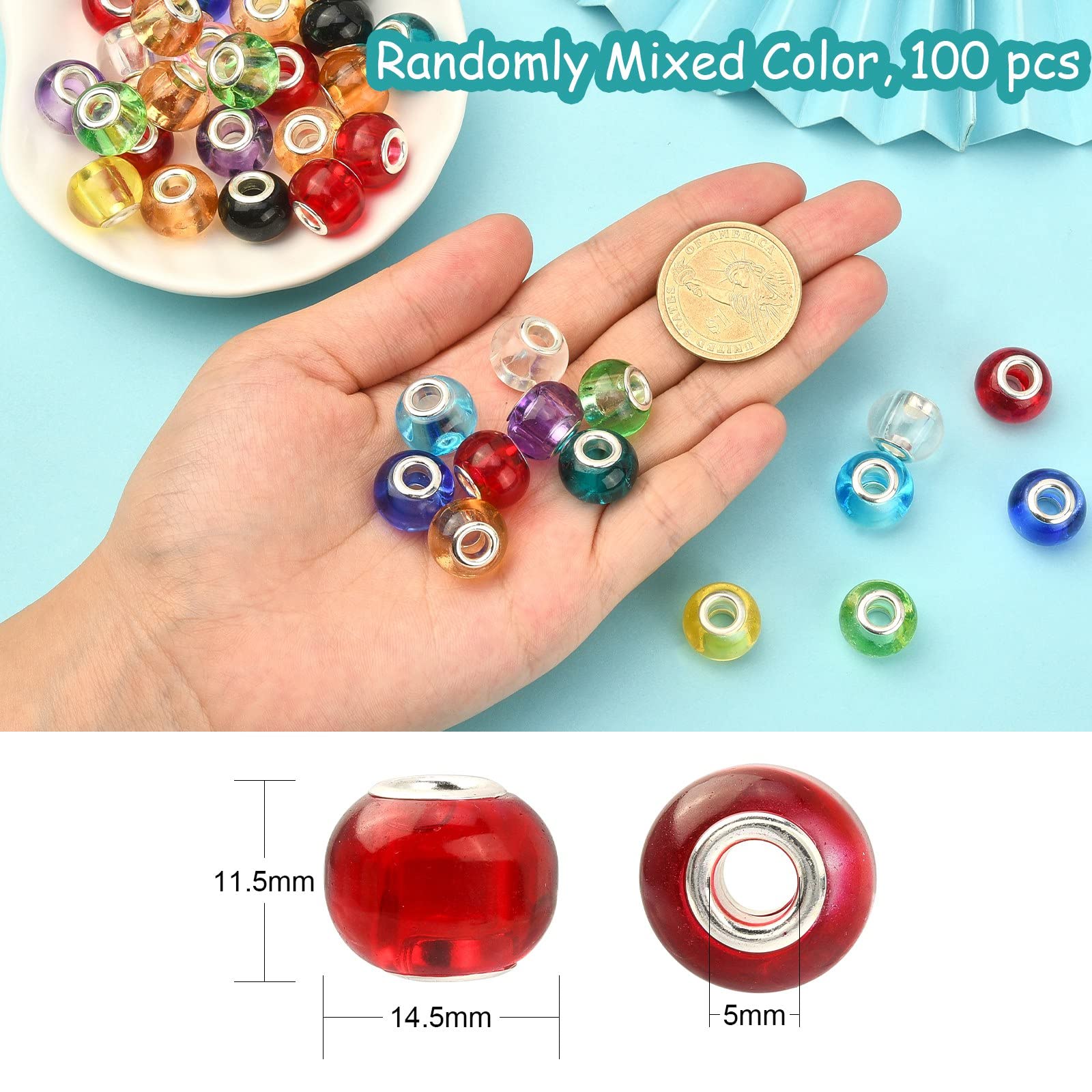 UR URLIFEHALL 100 Pcs Glass European Beads Rondelle Large Hole Charm Beads with Silver Brass Double Cores for Bracelet Jewellery Making (Random Mixed Colour) - Image 2