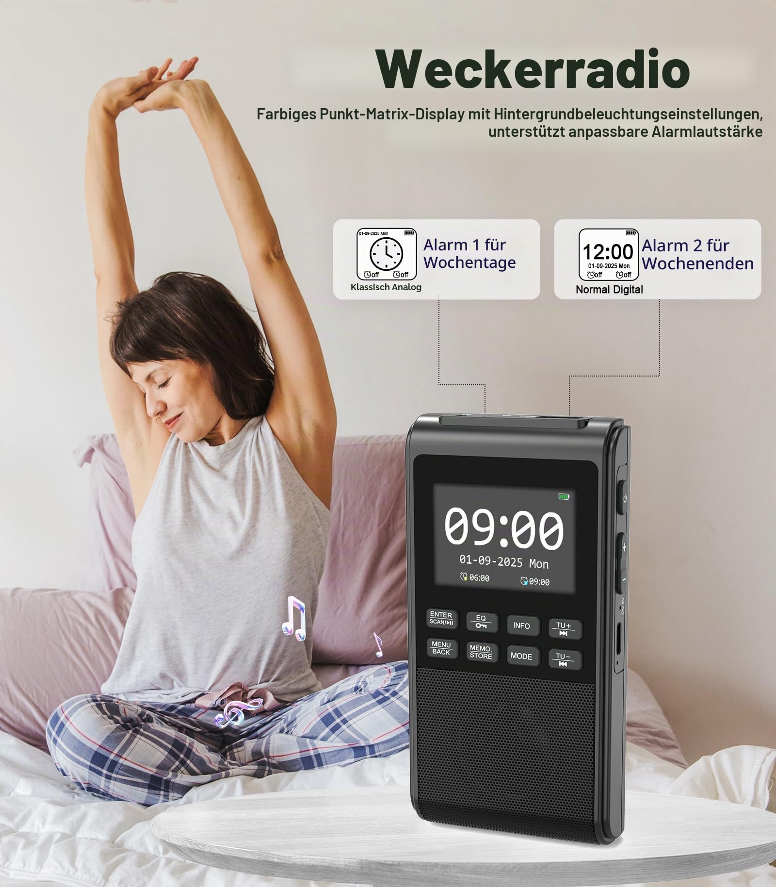 Tragbares DAB-Radio mit Bluetooth 5.3, wiederaufladbares, batteriebetriebenes FM-Radio, klein, Dual-Alarmuhr, DAB+ Digitalradio mit Farbdisplay, großer 5-W-Lautsprecher, unterstützt SD-Karte und