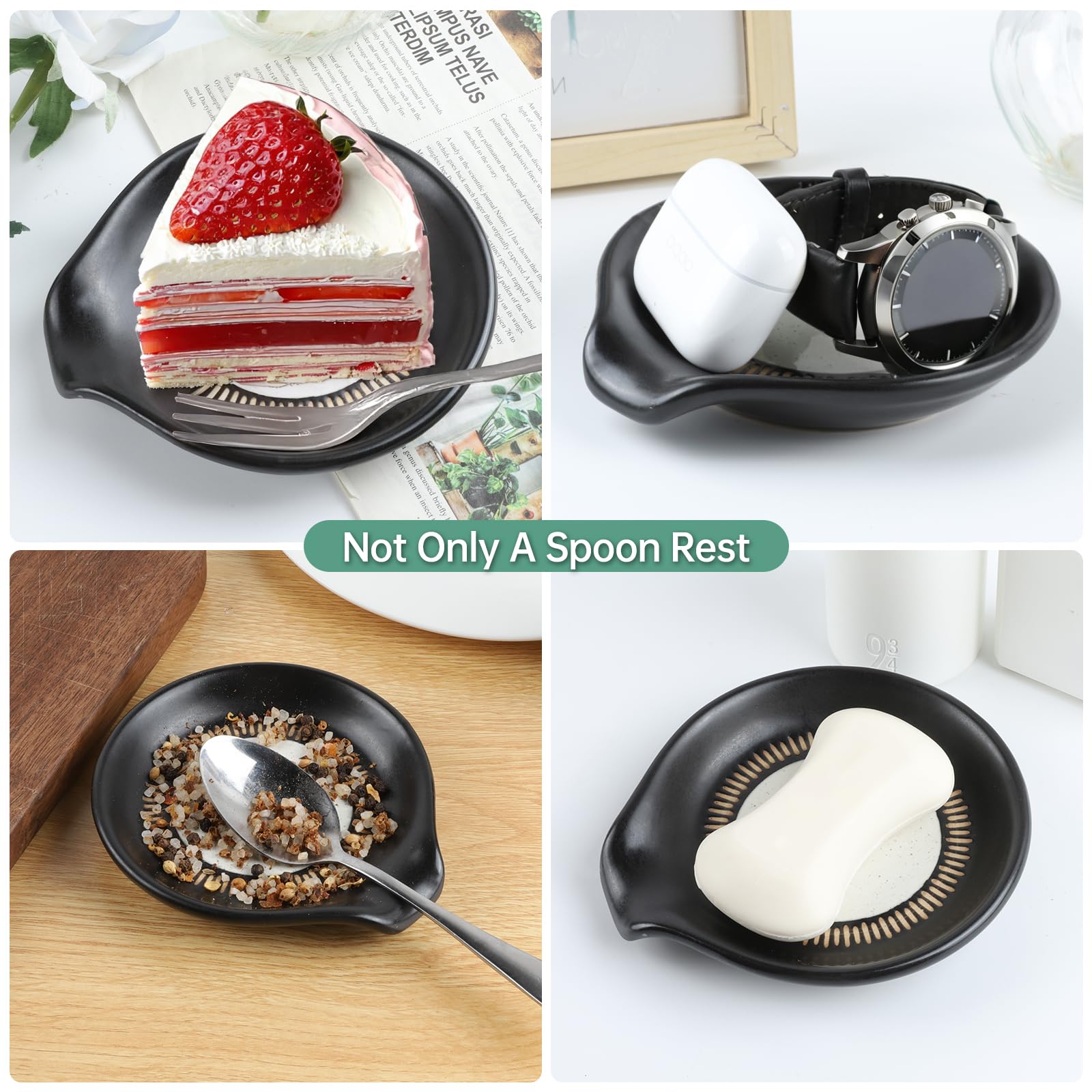 Toski Reposa Cucharas Ceramica para Estufa Mostrador de Cocina, Posacucharas Resistente Calor, Soporte De Cuchara Negro, Grande Reposacucharas para Espátulas, Cucharas, Pinzas, Apto Para Lavavajillas