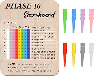 Bnesi Wooden Phase 10 Score Board, Card Game Tracker with 8 Colored Pegs | Wooden Engraved Reusable Score Tracker, Ideal Card Game Accessory For Family Party & Multi-Player Phase 10 Game Nights