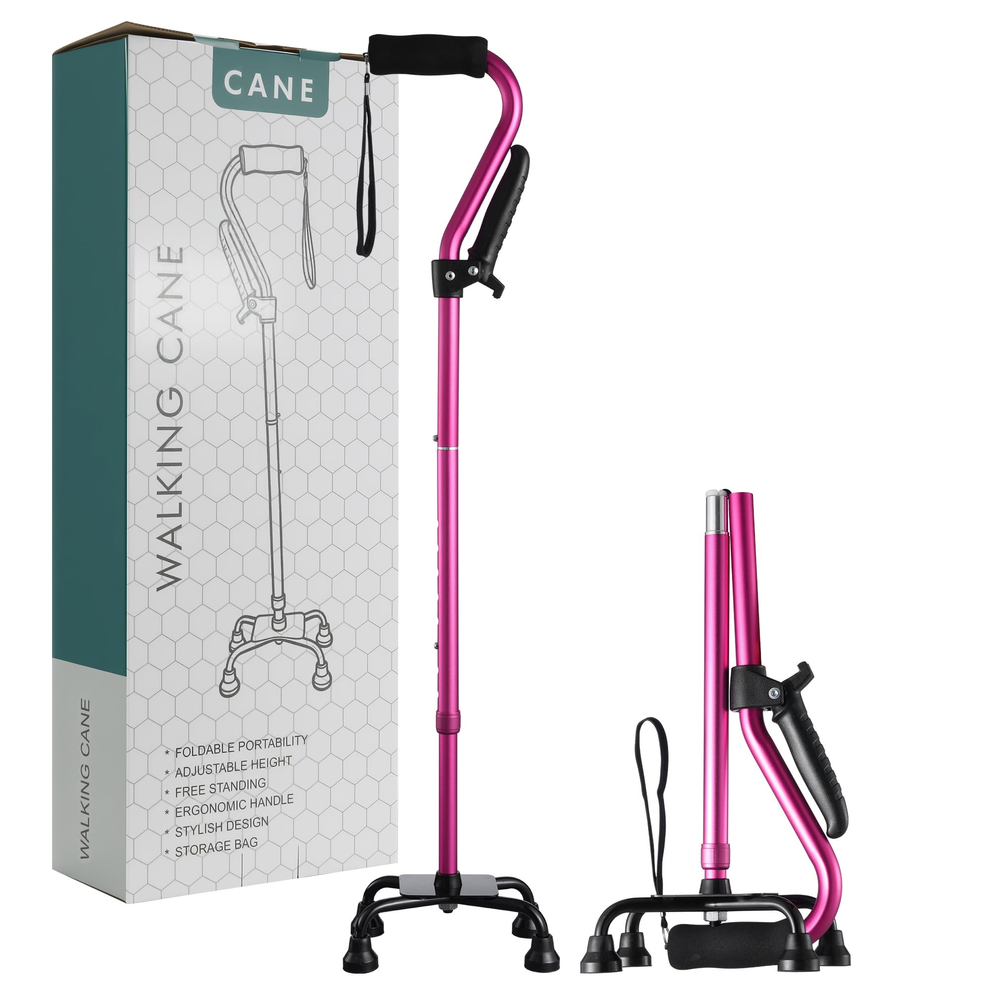 Stand Assist laska do chodzenia dla seniorów – składana, regulowana, czterokrotna laska z drugim uchwytem do dźwigni, samodzielna laska do chodzenia z 4-zębową podstawą dla stabilności i powrotu do