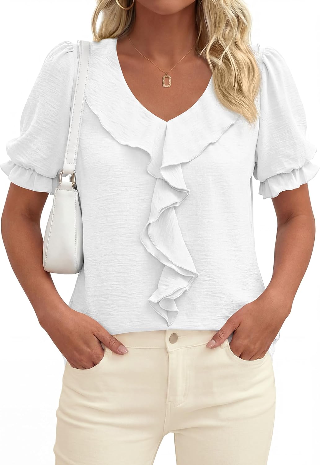PRETTYGARDEN Women's Summer Dressy Casual Blouses 2026 Short Sleeve V Neck Ruffle Business Work Tops Trendy Spring Outfits - Image 7