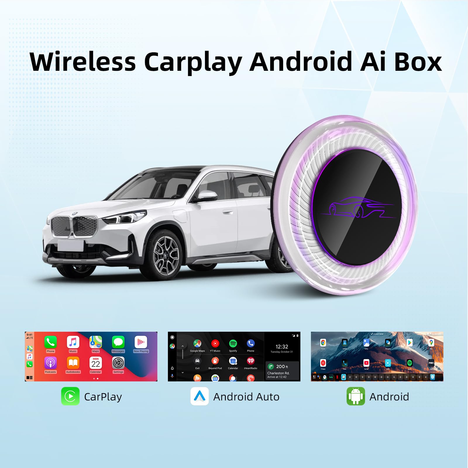 EZoneTronics bezprzewodowy adapter samochodowy CarPlay i Android do BMW 2018+ i innych pojazdów z bezprzewodowym systemem CarPlay, Android 13 Upgrade AI Box with 8G+128G, Netflix, YouTube, GPS, Dual