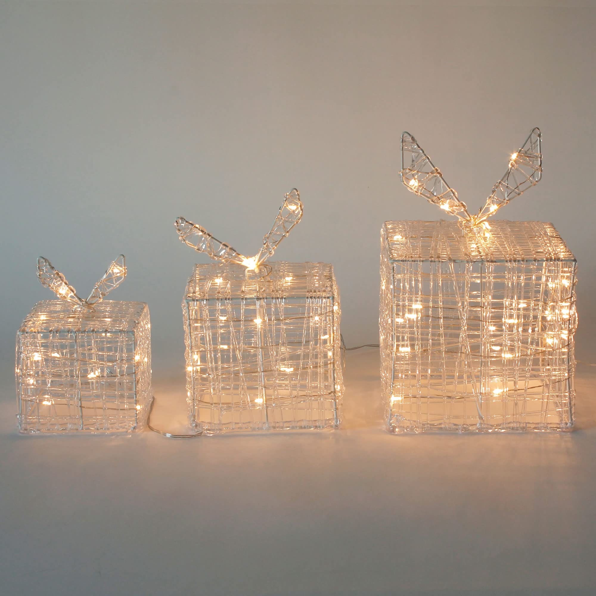 ECD Germany Set di 3 Scatole Regalo Luminose con 90 LED Bianco Caldo Decorazione Natalizia Pacchi Decorativi per Albero di Natale IP44 Impermeabile Argento da Interno/Esterno Matrimoni Feste Cortile