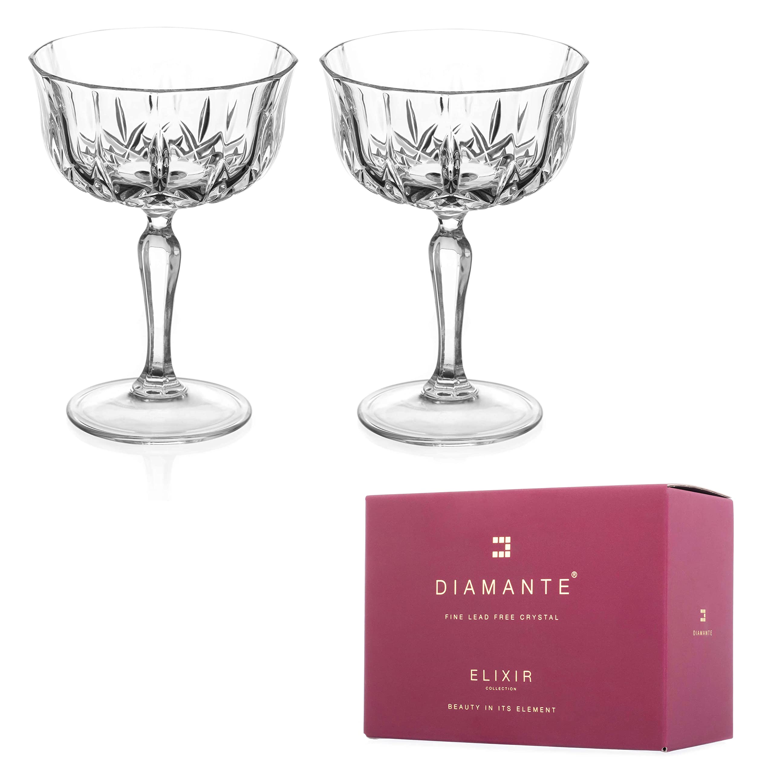DIAMANTE Dorchester Lot de 2 soucoupes à champagne Prosecco Coupe Champagne Cocktail Dessert Bol en verre – Fabriqué à partir de cristal de qualité supérieure sans plomb