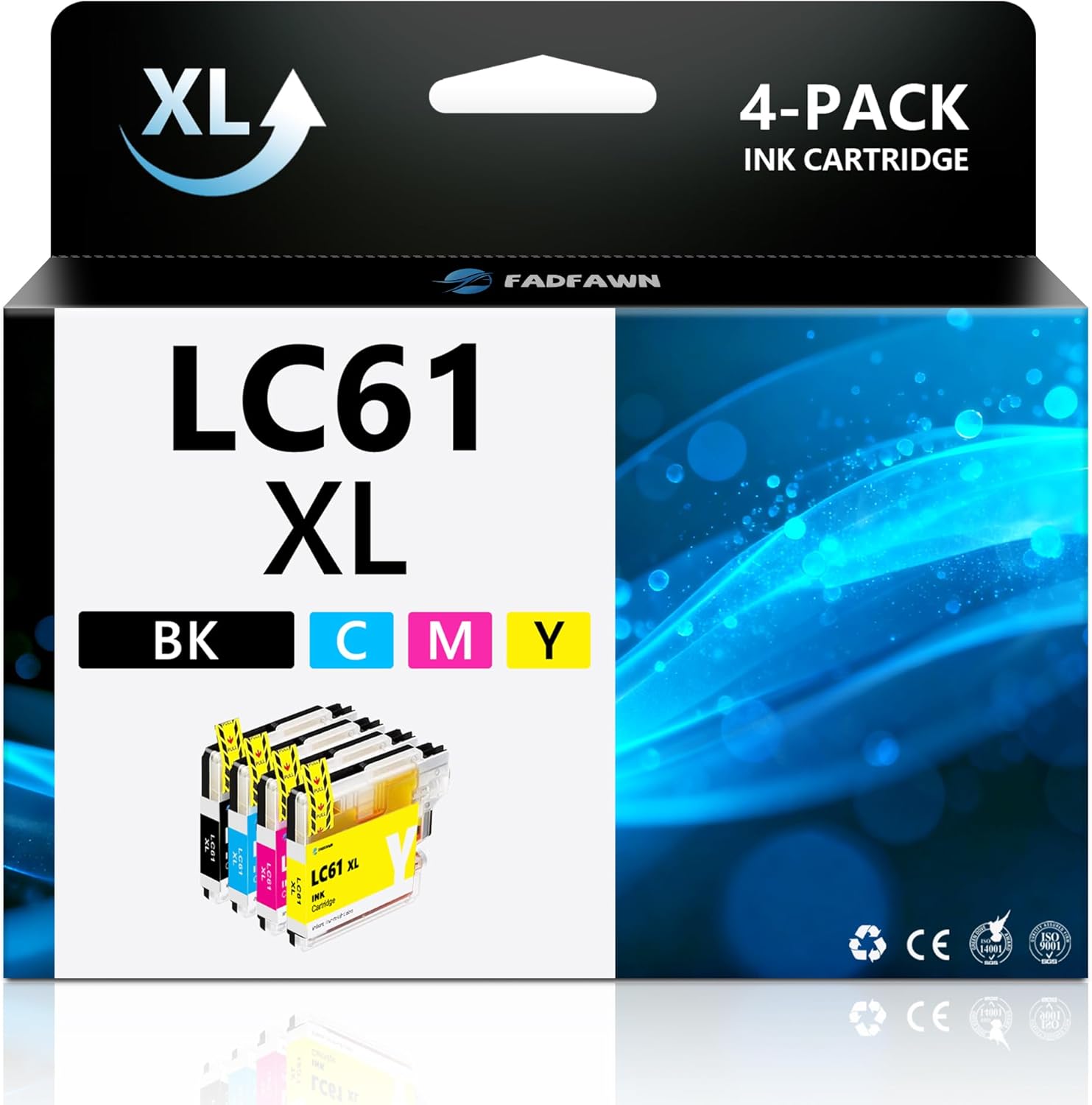 LC61 XL Ink Cartridges High Yield Replacement for Brother LC61BK LC61C LC61M LC61Y to use with MFC-490CW MFC-495CW MFC-6490CW MFC-6890CDW (4 Pack, BK/C/M/Y)