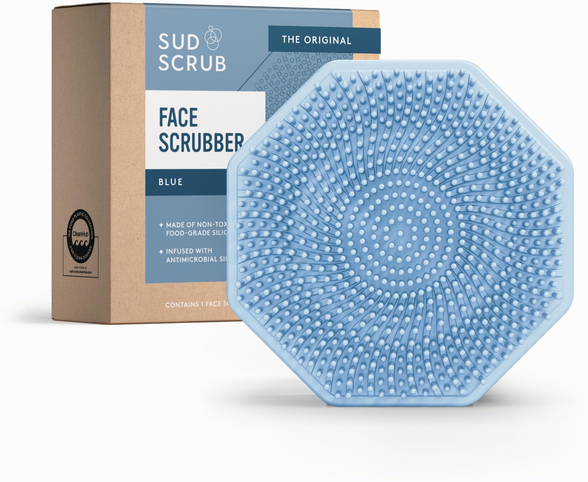 Sud Scrub® Antimicrobial Silicone Face Scrubber, 1 Pack, Gentle Face Exfoliator for Sensitive Skin, Eco Friendly Facial Cleansing Brush, Exfoliating Face Brush for Men and Women (Blue)