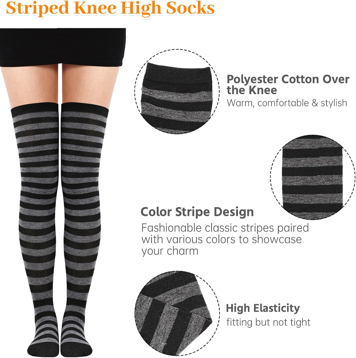 4 Sets Striped Thigh High Socks Leg Warmers Long Knitted Arm Warmers,Knee High Socks for Women Fingerless Gloves - Image 5