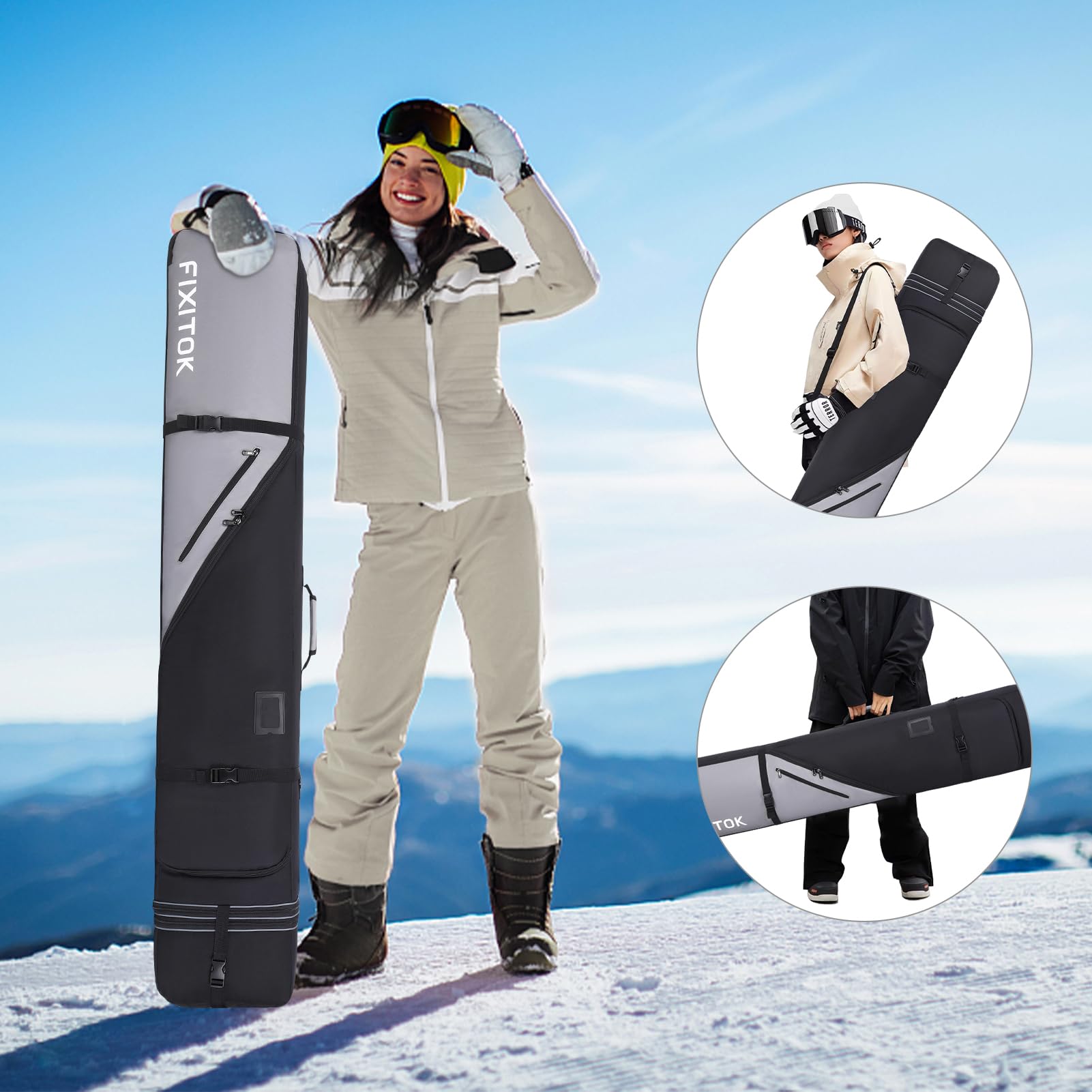 FIXITOK Snowboard & Skitasche für die Luftfahrt, wasserdichte Vollgepolsterte Snowboardtasche für Board, Stiefel, Kleidung, Helm und Ausrüstung, Verstellbare Länge Skitasche (157 cm - 181 cm)