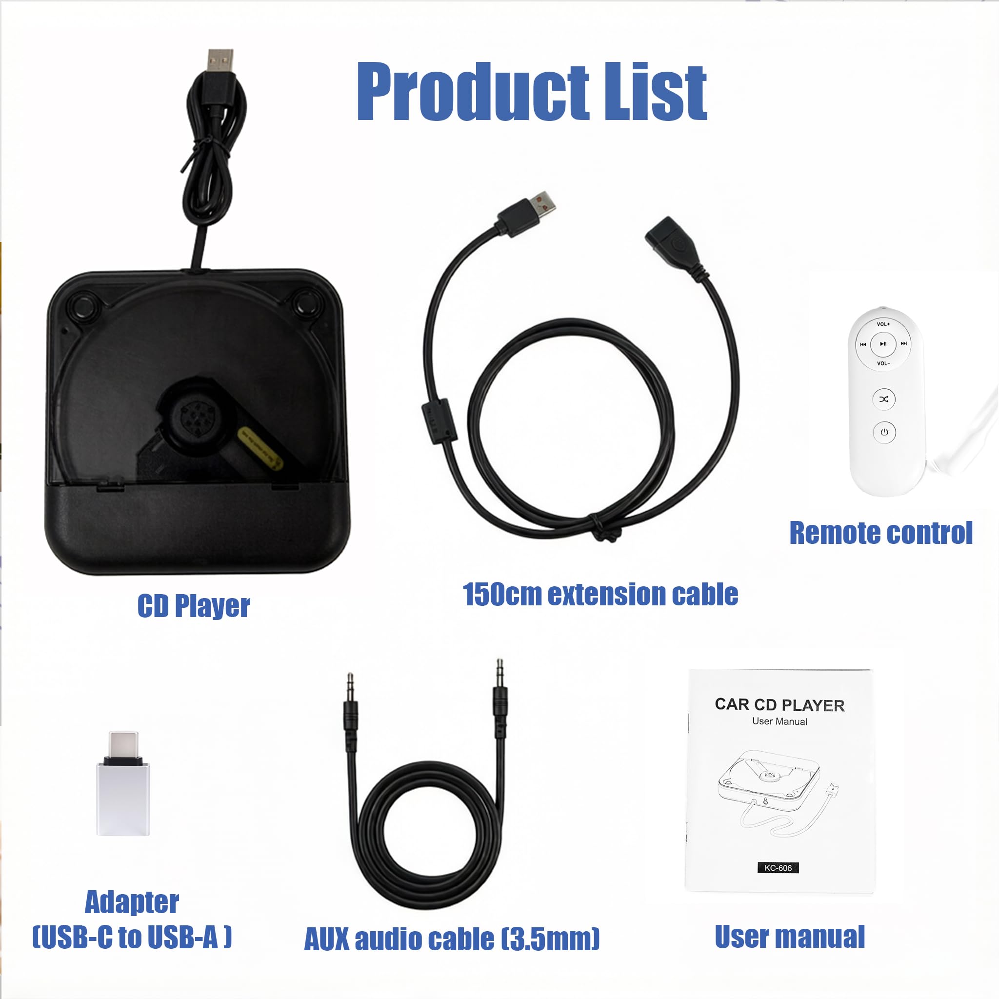 Lettore CD per auto con silicone anti-shock, porta USB, cavo prolunga, nero