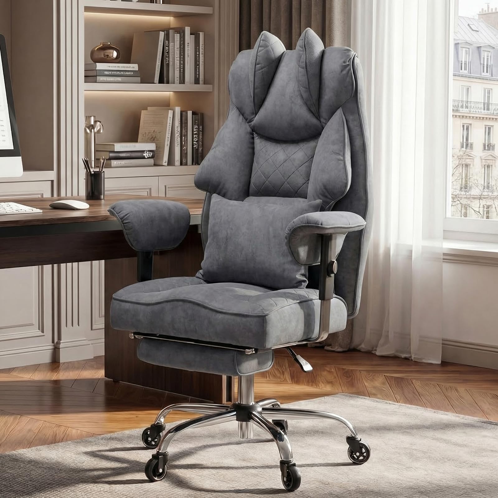 Ergonomischer Bürostuhl 200kg, XXL Chefsessel Fußstütze Homeoffice | XXL Schreibtischstuhl ergonomisch, 90–135° Rückenlehne, W-Form Sitzkissen, Lendenkissen, Wildlederimitat Grau
